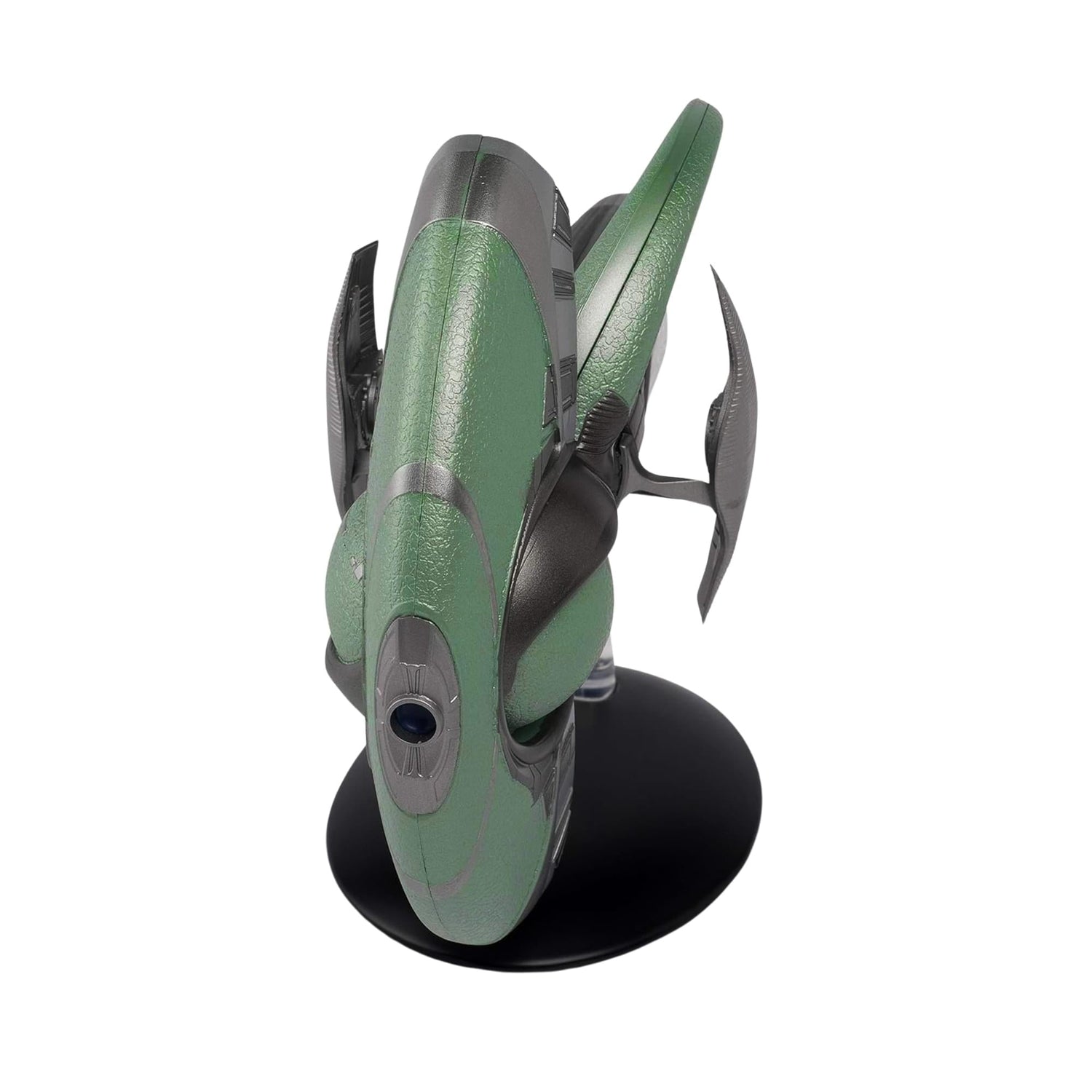Side profile of the Star Trek collectible starship mounted on its branded display stand