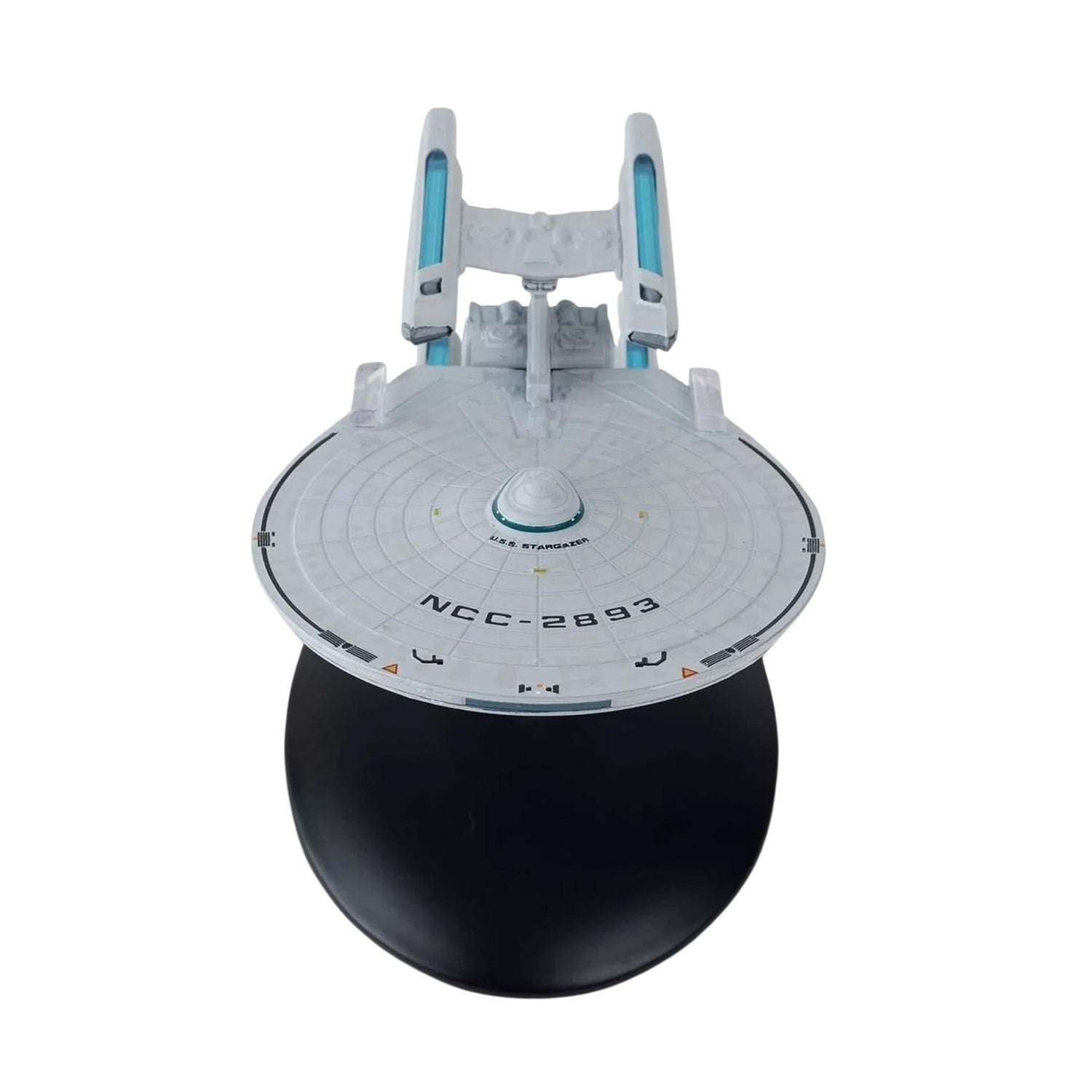 Close-up view of the hand-painted bridge section and impulse engine details on the starship model