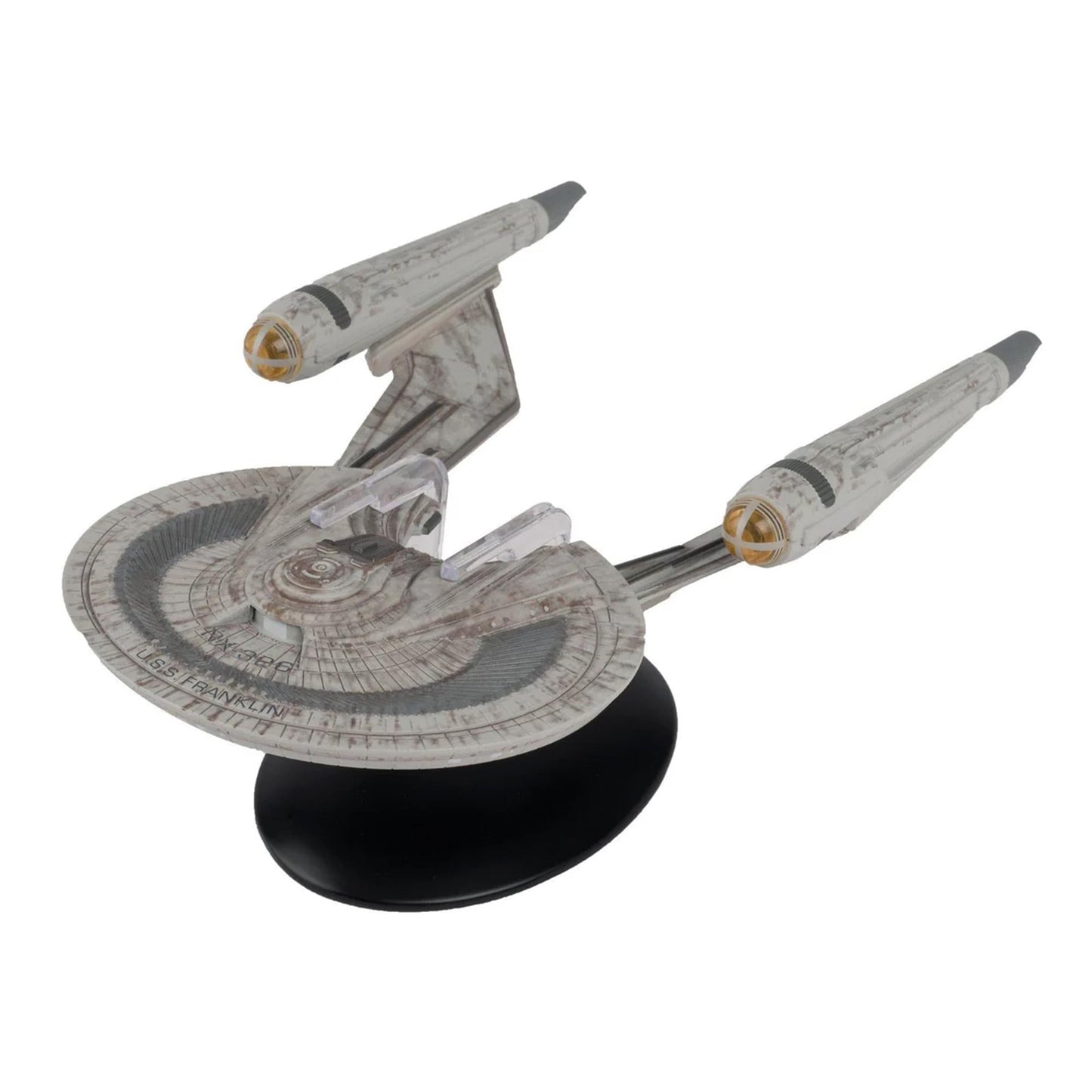 Front three-quarters view of the die-cast USS Franklin starship replica showcasing its streamlined hull and nacelles