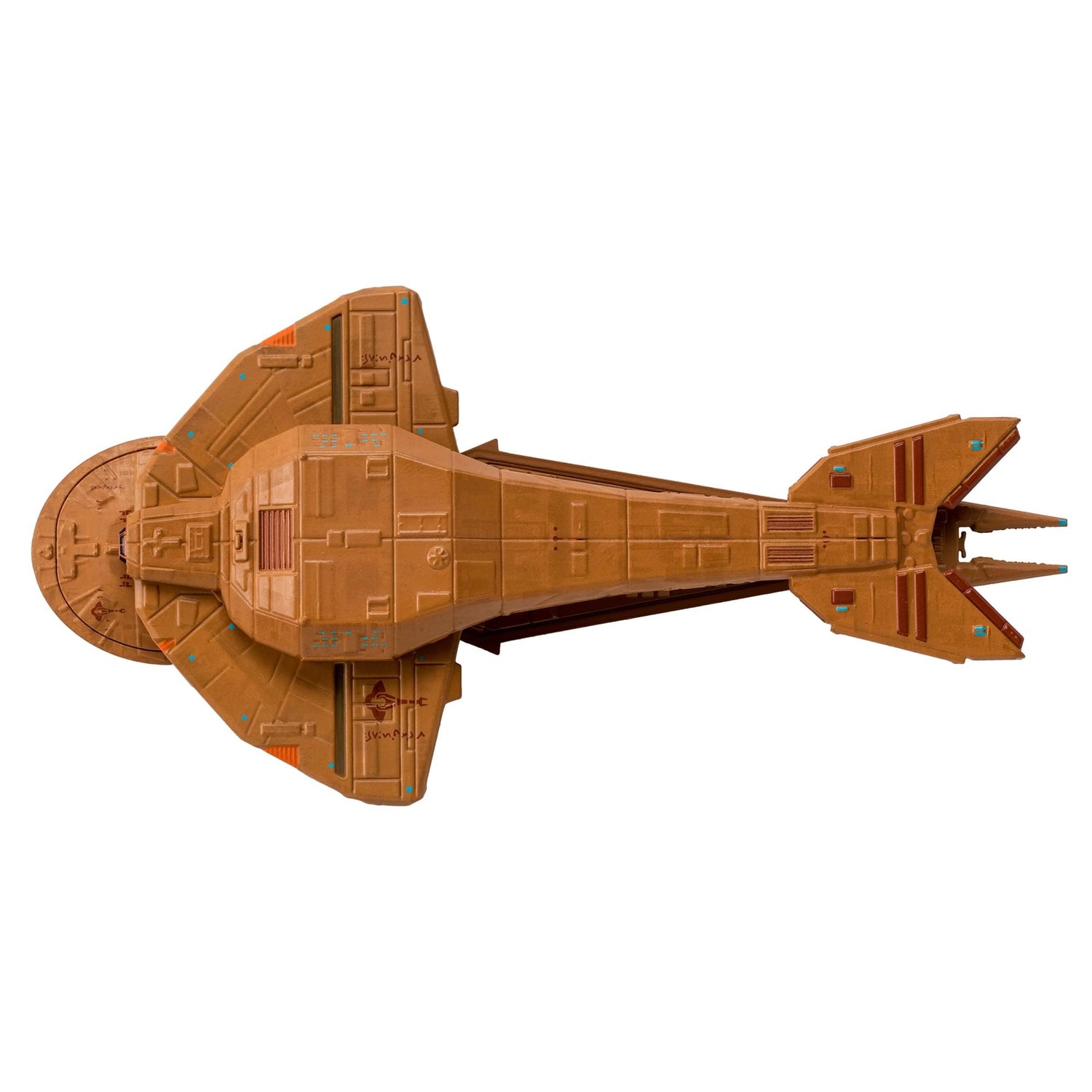 Close-up angle of the Cardassian Keldon class starship replica highlighting intricate surface hull details