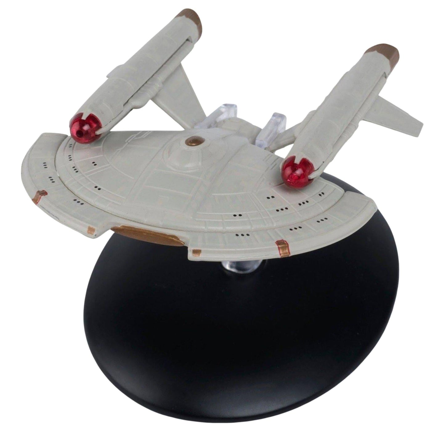 Die-cast collectible model of the United Earth Starfleet Intrepid starship viewed from the front quarter angle against a dark background