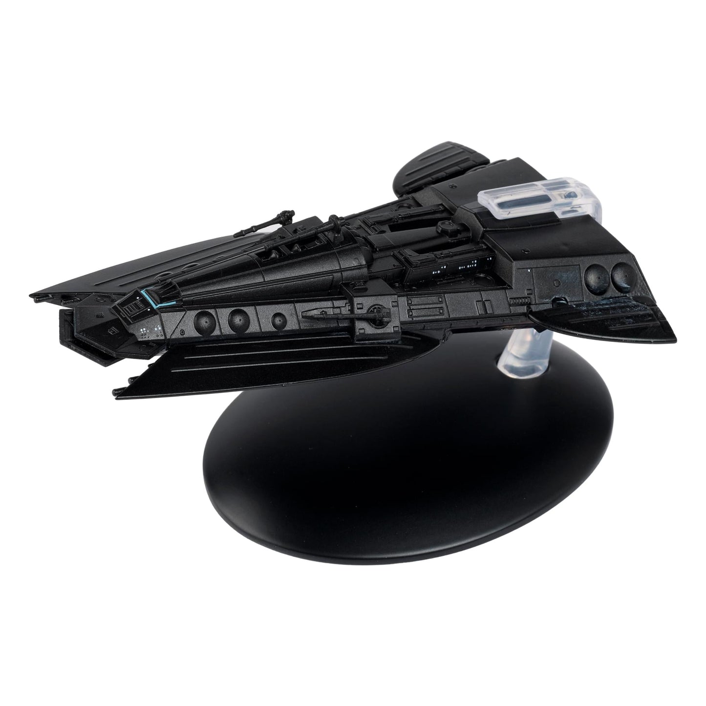 Front three-quarters view of the Star Trek Smugglers Ship die-cast model, displaying its unique hull geometry and weathered finish