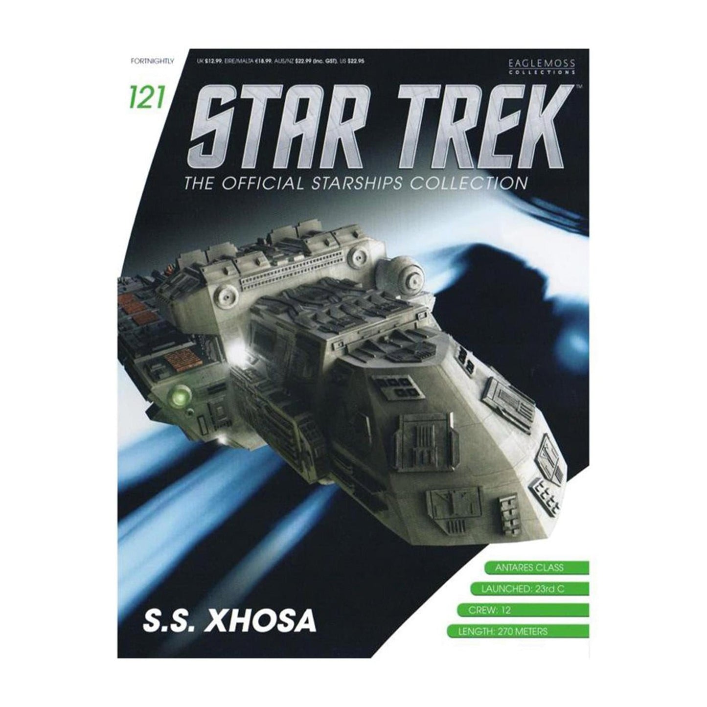 Front cover of the Star Trek: The Official Starships magazine featuring the SS Xhosa freighter flying through space