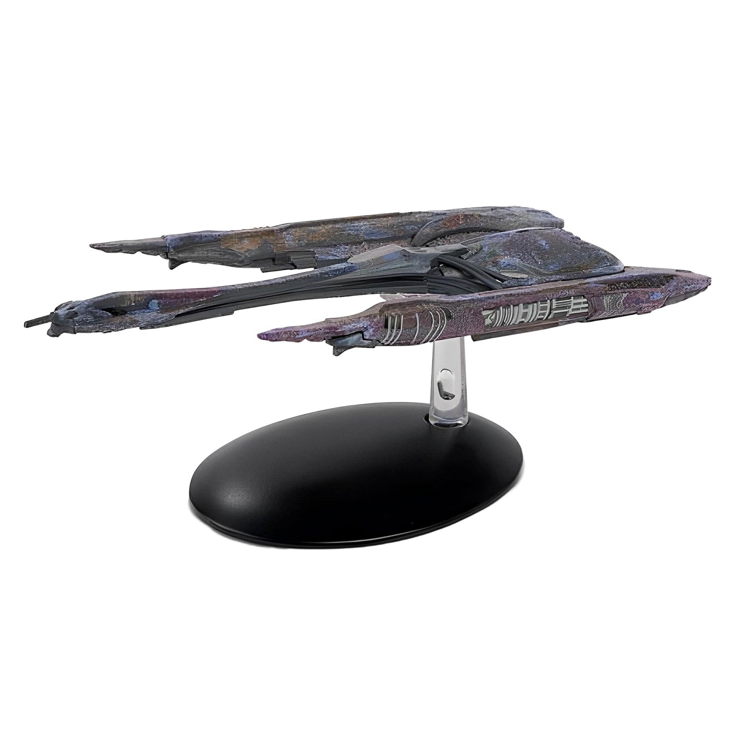 Profile view of the Eaglemoss diecast Klingon QOJ Class starship mounted on its branded display stand