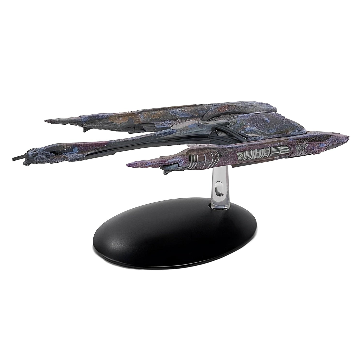 Profile view of the Eaglemoss diecast Klingon QOJ Class starship mounted on its branded display stand