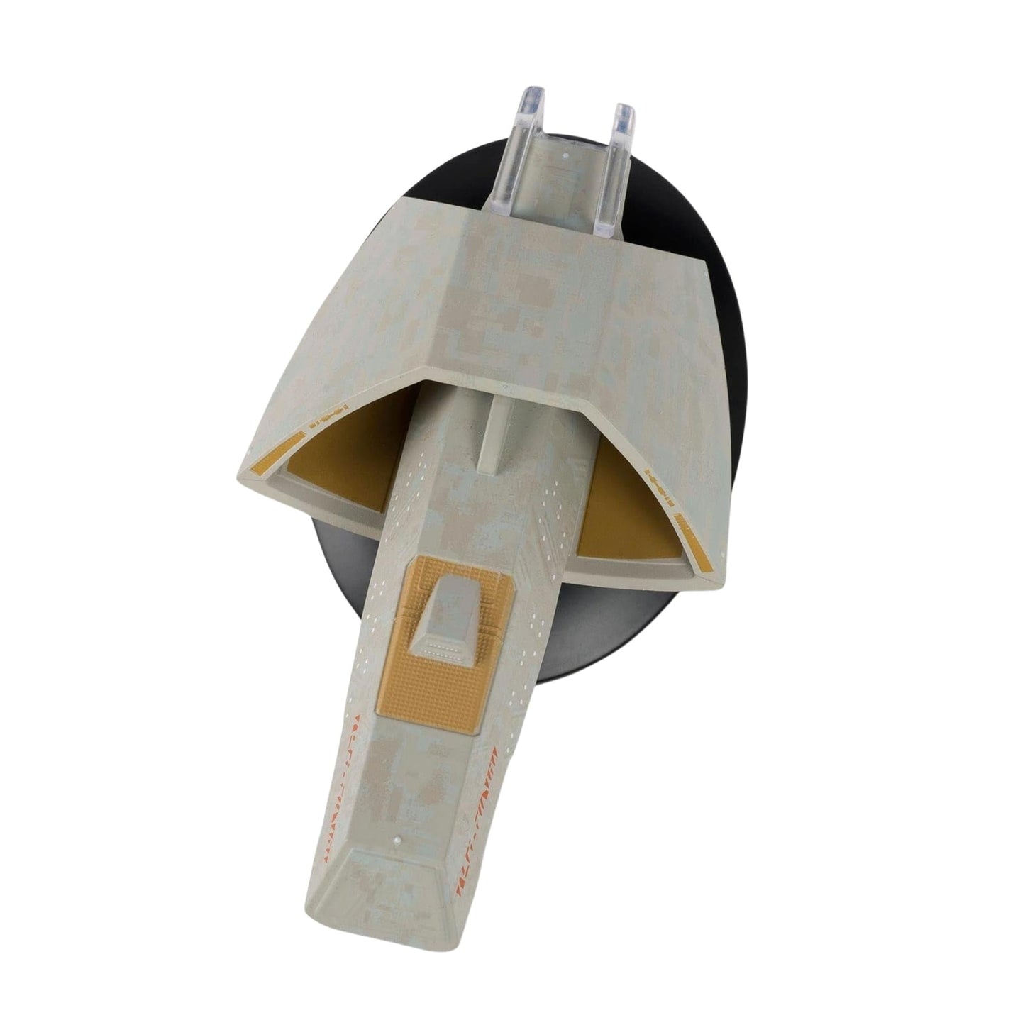 Profile view of the Star Trek T'Pau starship replica highlighting its aerodynamic configuration