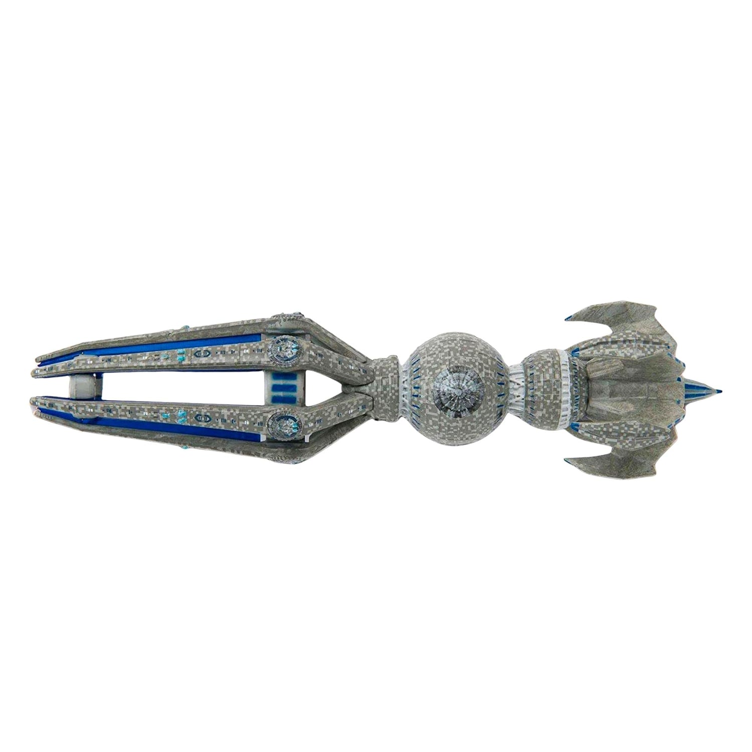 Close-up detail shot of the hand-painted bridge and command section on the Krenim starship replica