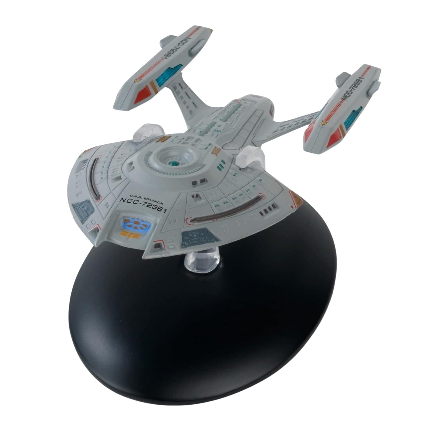 Close-up detail shot of the hand-painted bridge section and navigational deflector dish on the Equinox model