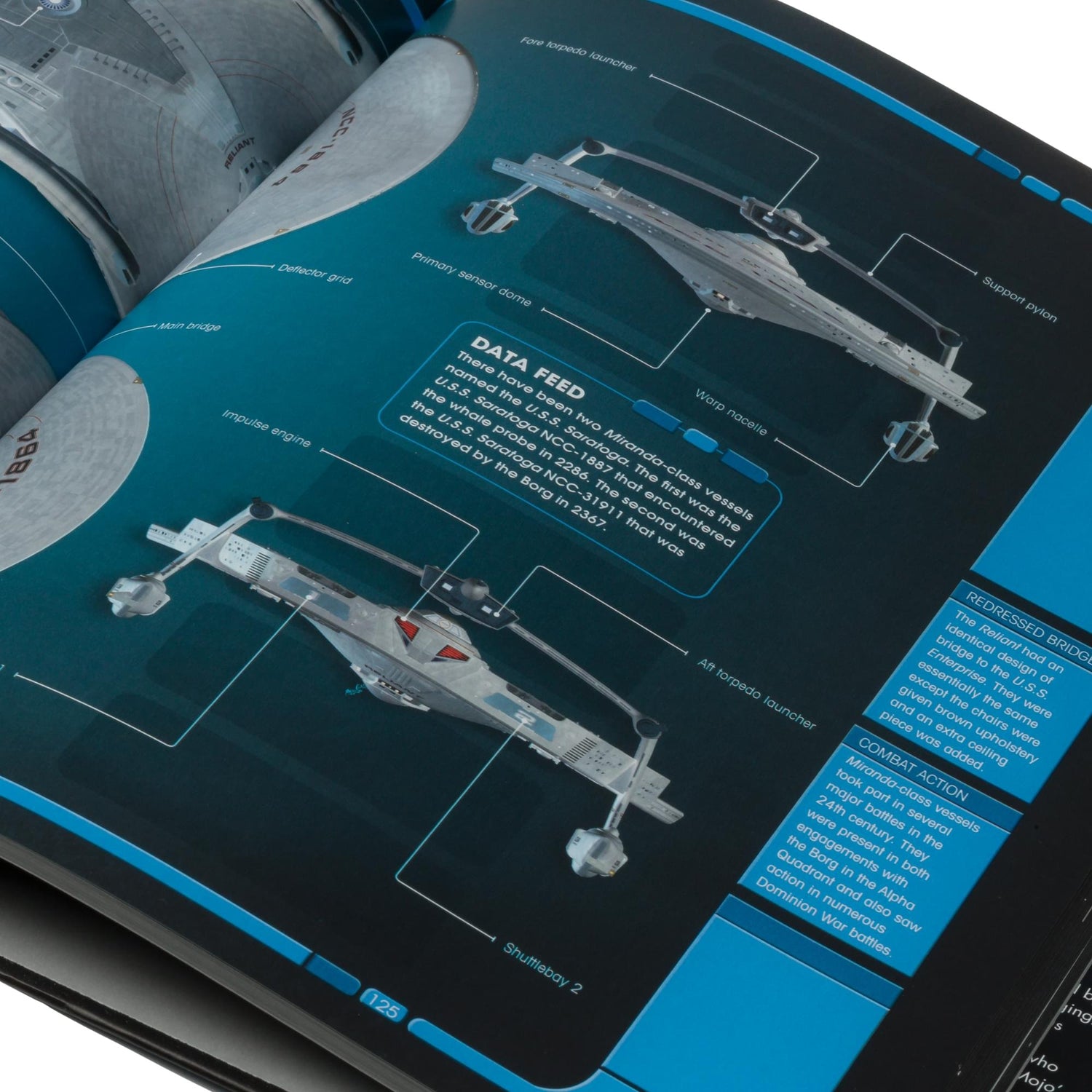 Perspective angle showing the spine and bound edge of the Star Trek Shipyards book