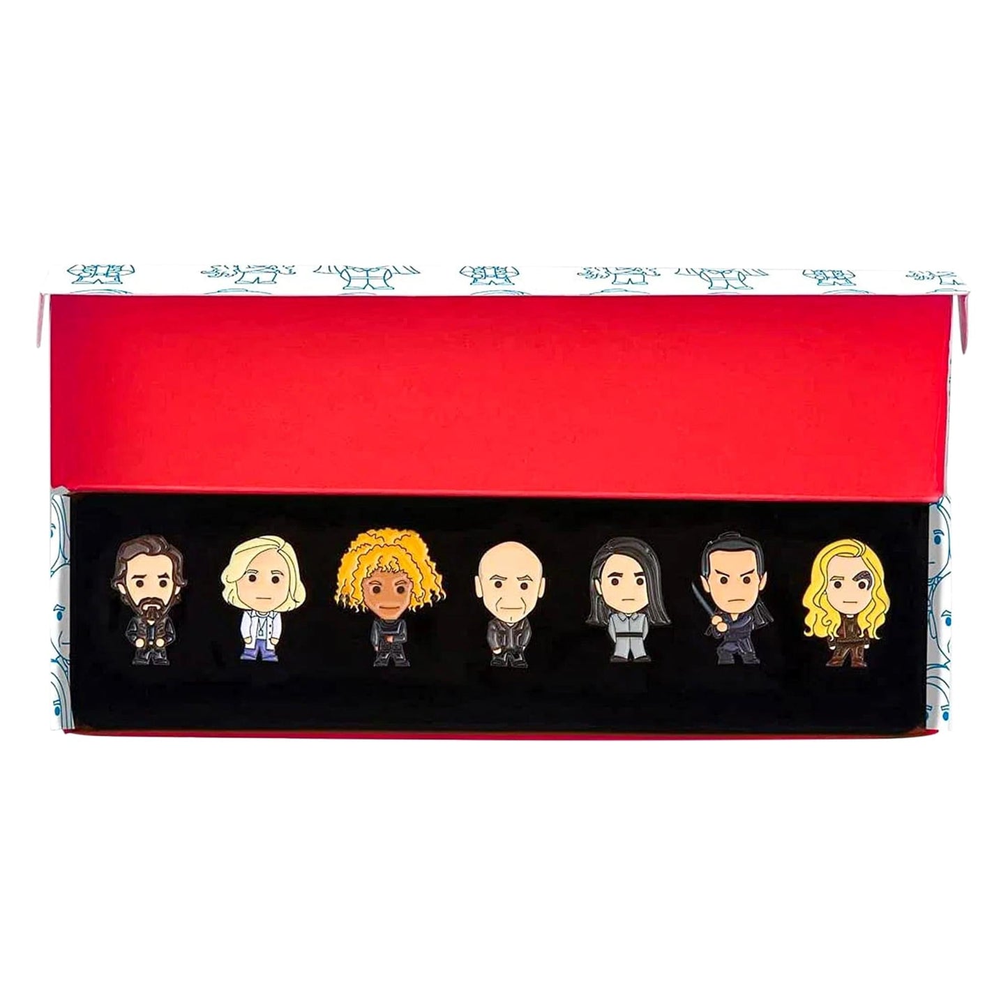 Set of seven chibi-styled enamel pins featuring Jean-Luc Picard, Seven of Nine, and crew members