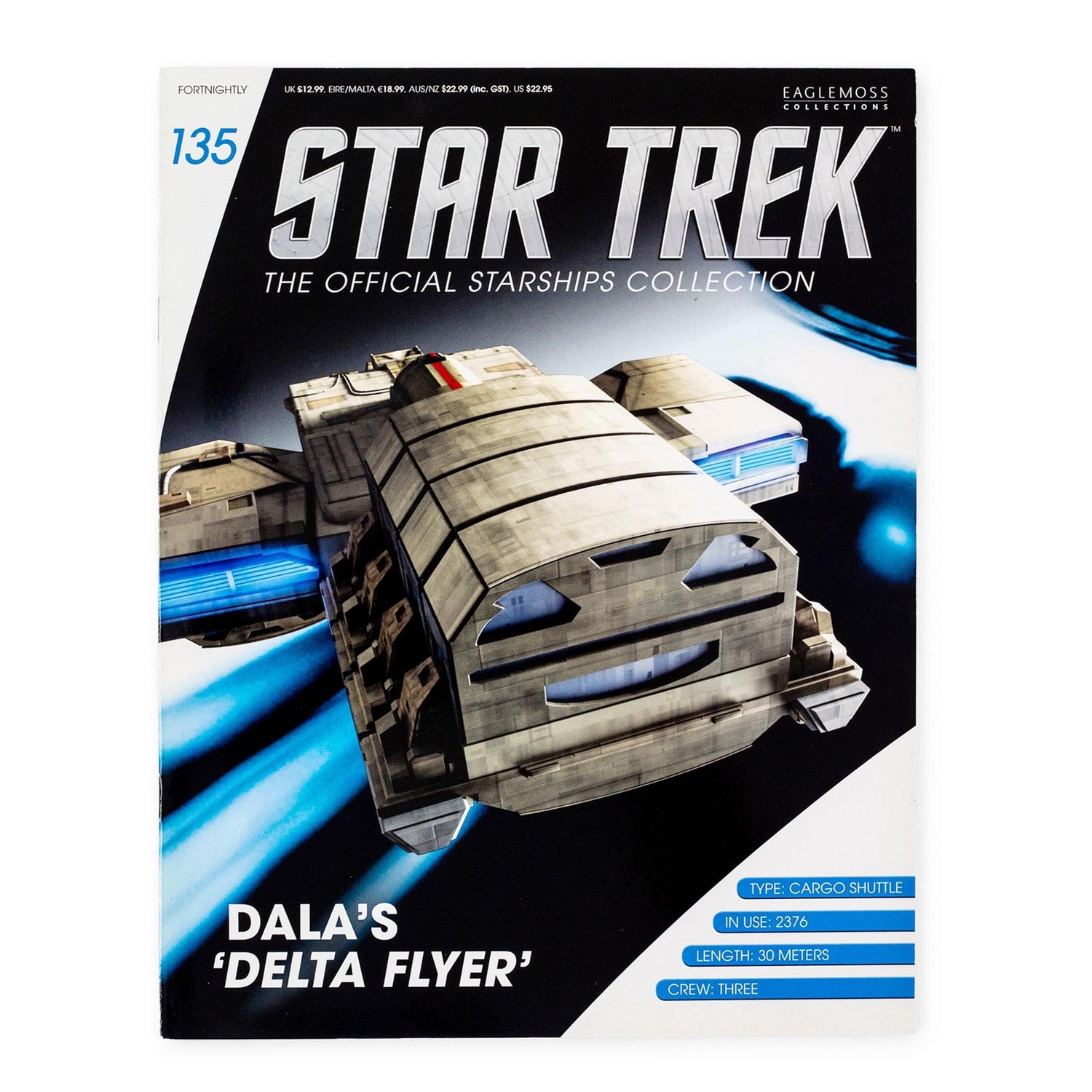 Front cover of the Star Trek Official Starships magazine featuring Dala's Delta Flyer in flight against a deep space background