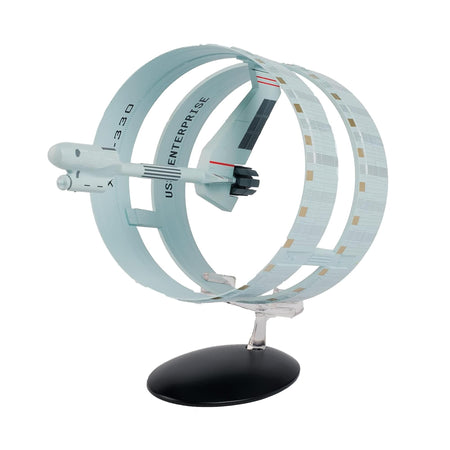 Eaglemoss Star Trek starship replica of the Enterprise XCV-330 viewed from a dynamic three-quarters angle, showcasing its distinct ring-ship hull design against a neutral background
