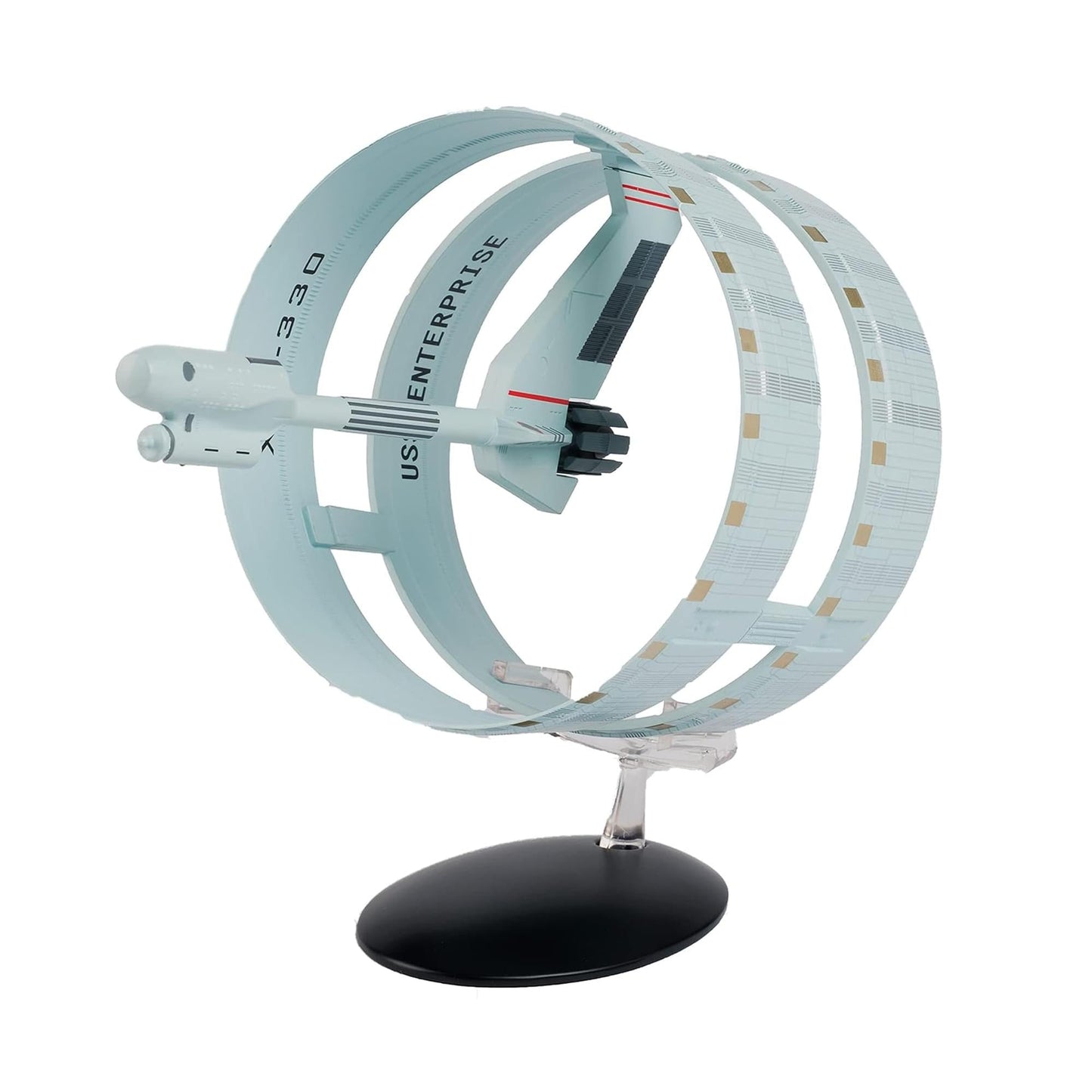 Eaglemoss Star Trek starship replica of the Enterprise XCV-330 viewed from a dynamic three-quarters angle, showcasing its distinct ring-ship hull design against a neutral background