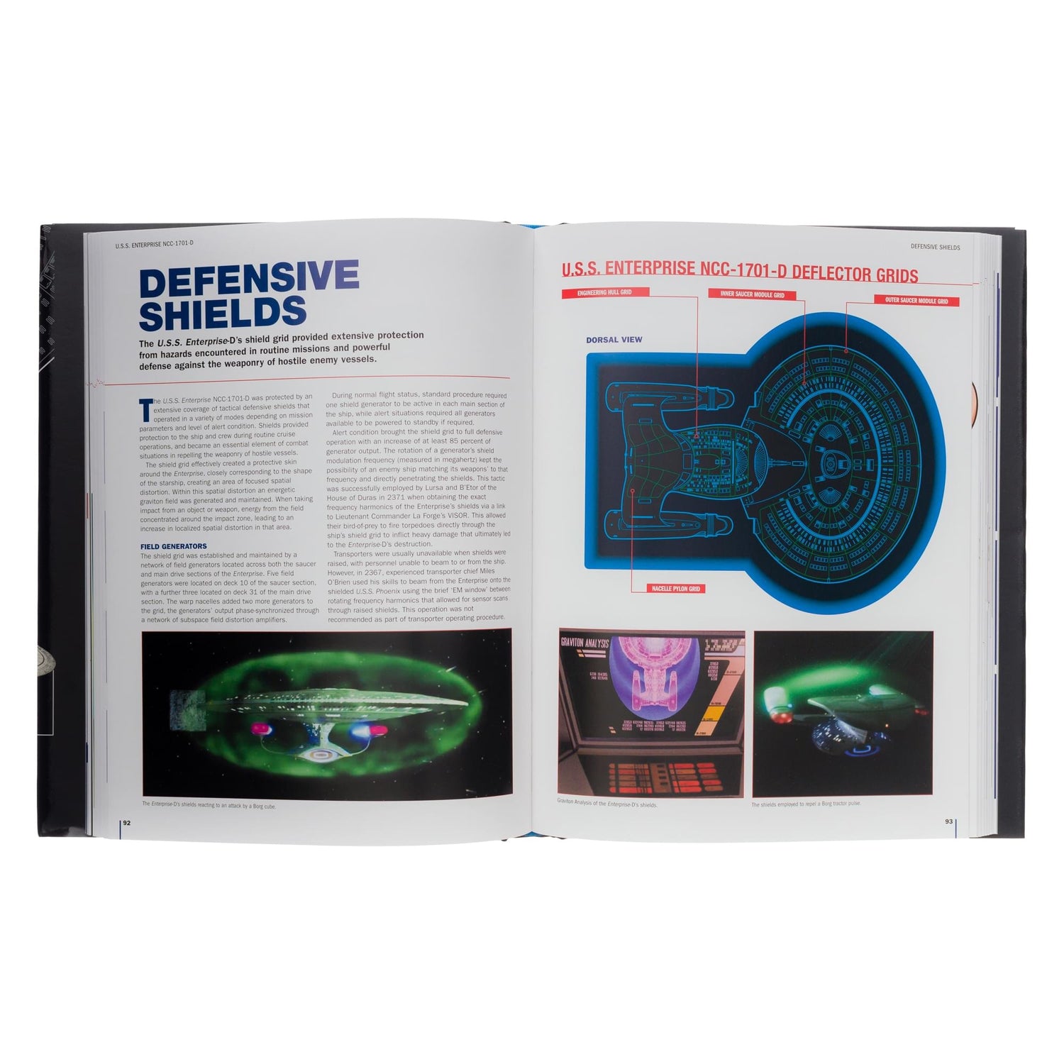 Opened interior page showing full-color isometric interior illustrations and technical readouts of the starship layout
