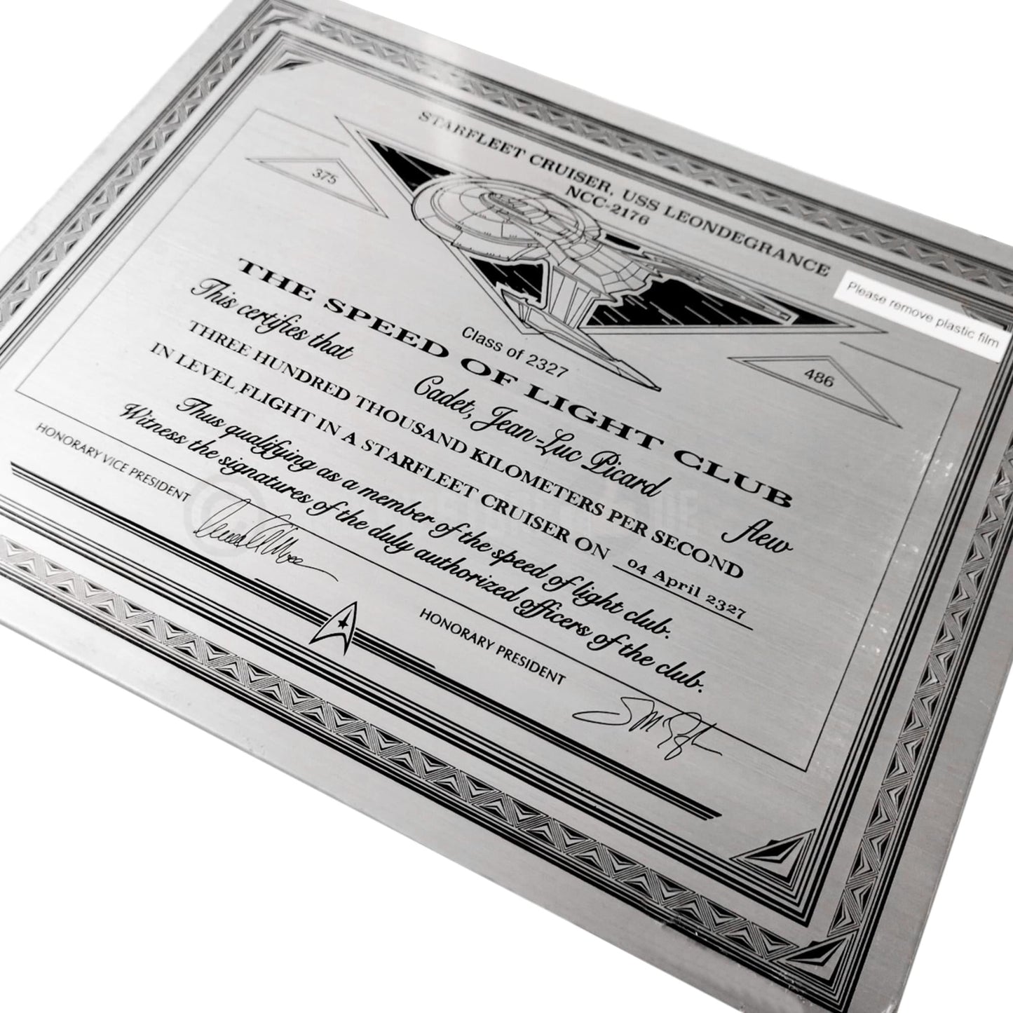 Angled view of the Star Trek: Picard plaque replica displayed against a neutral background