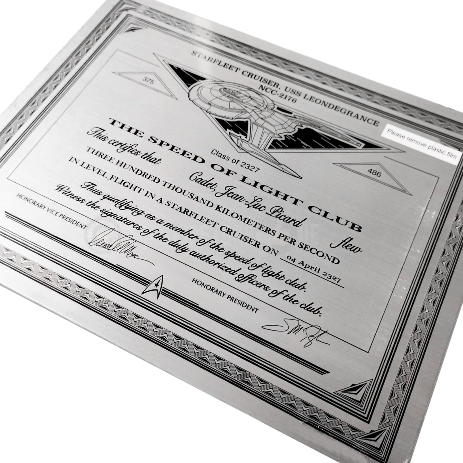 Angled view of the Star Trek: Picard plaque replica displayed against a neutral background