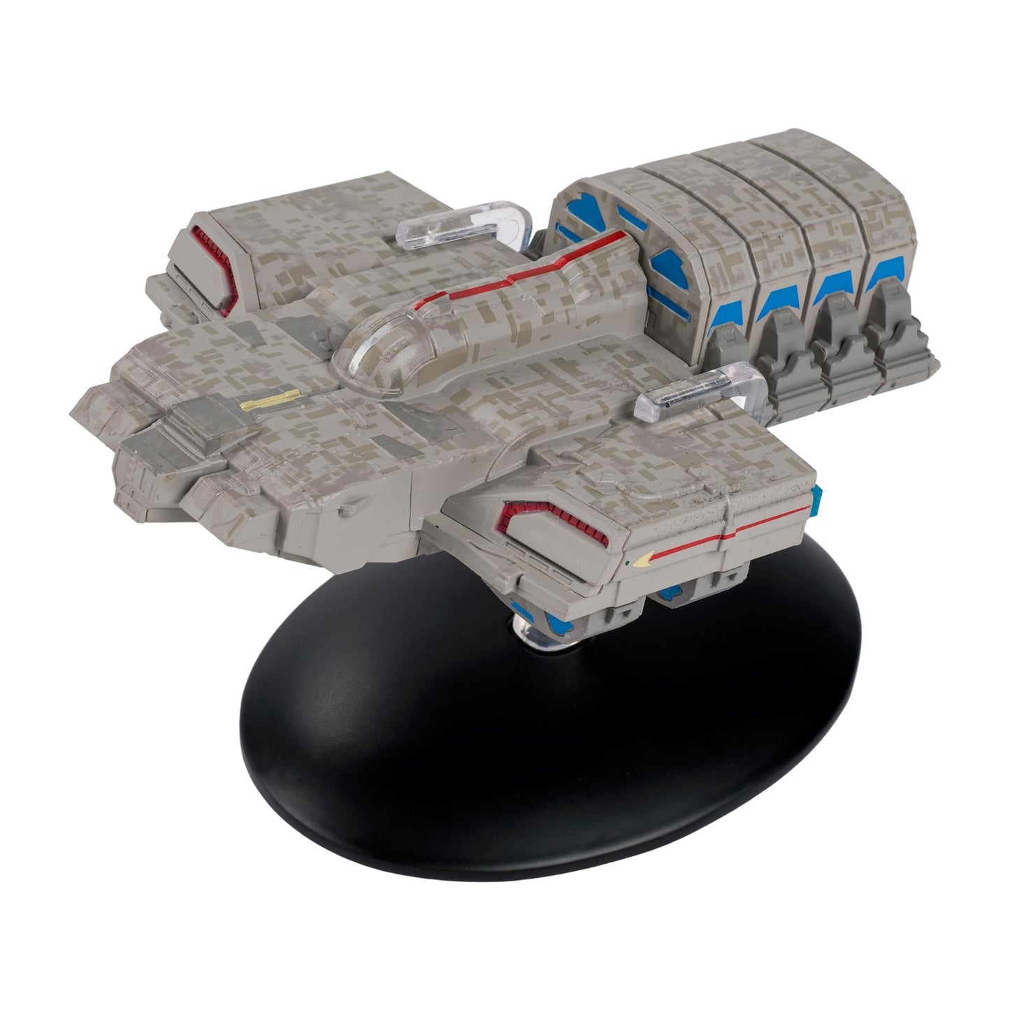 Front quarter view of the Dalas Delta Flyer die-cast starship replica displaying its aerodynamic hull and warp nacelles