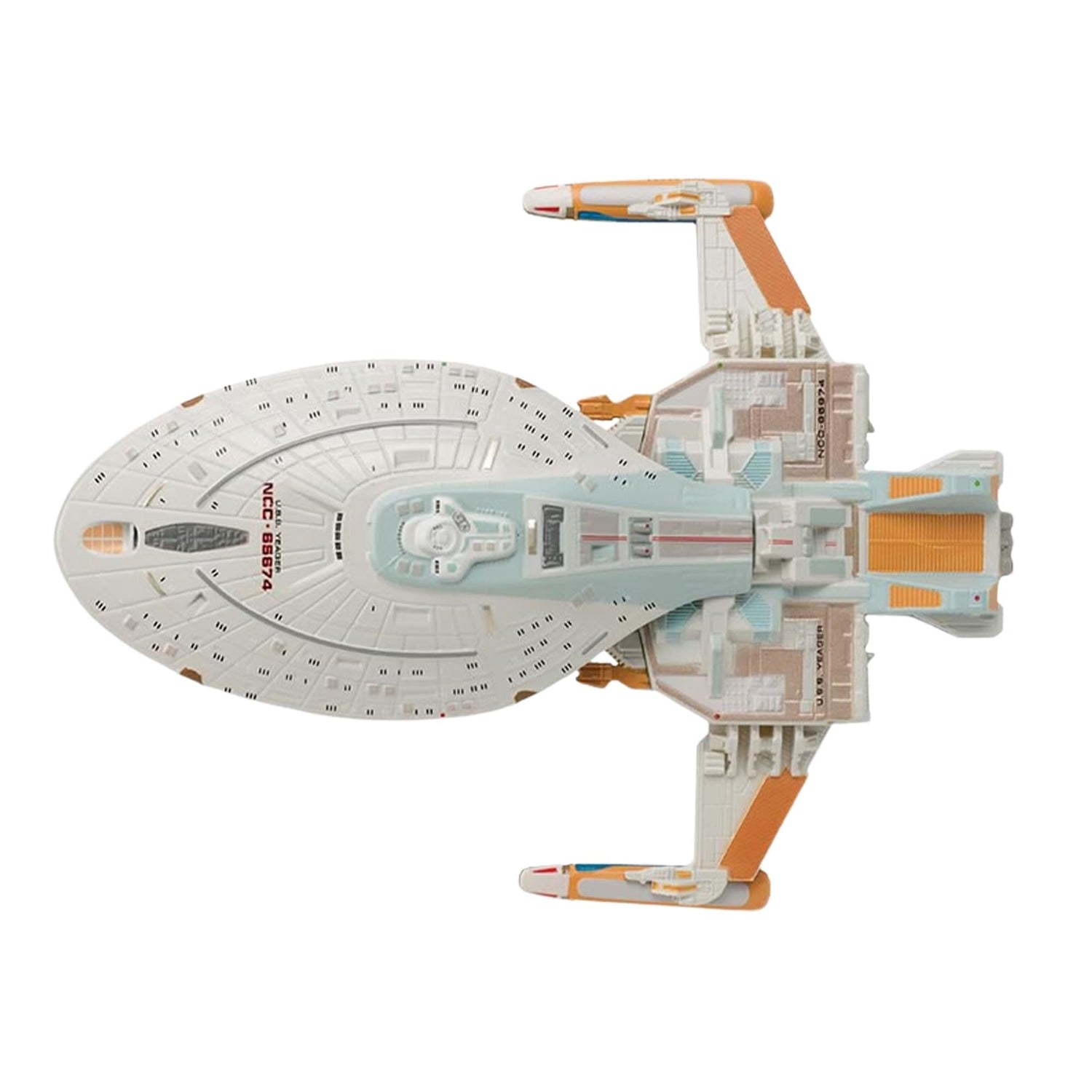 Front quartering view of the USS Yaeger starship showcasing its unique warp configuration
