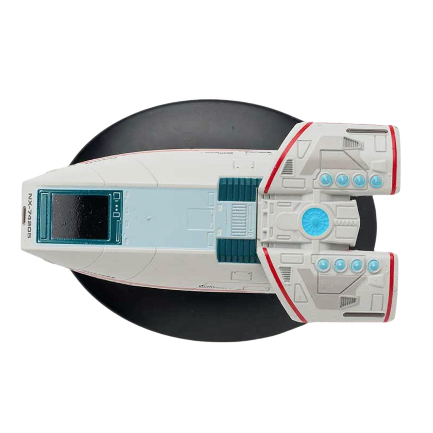 Rear profile view of the miniature shuttlecraft model, displaying engine nacelles and aft hull configuration