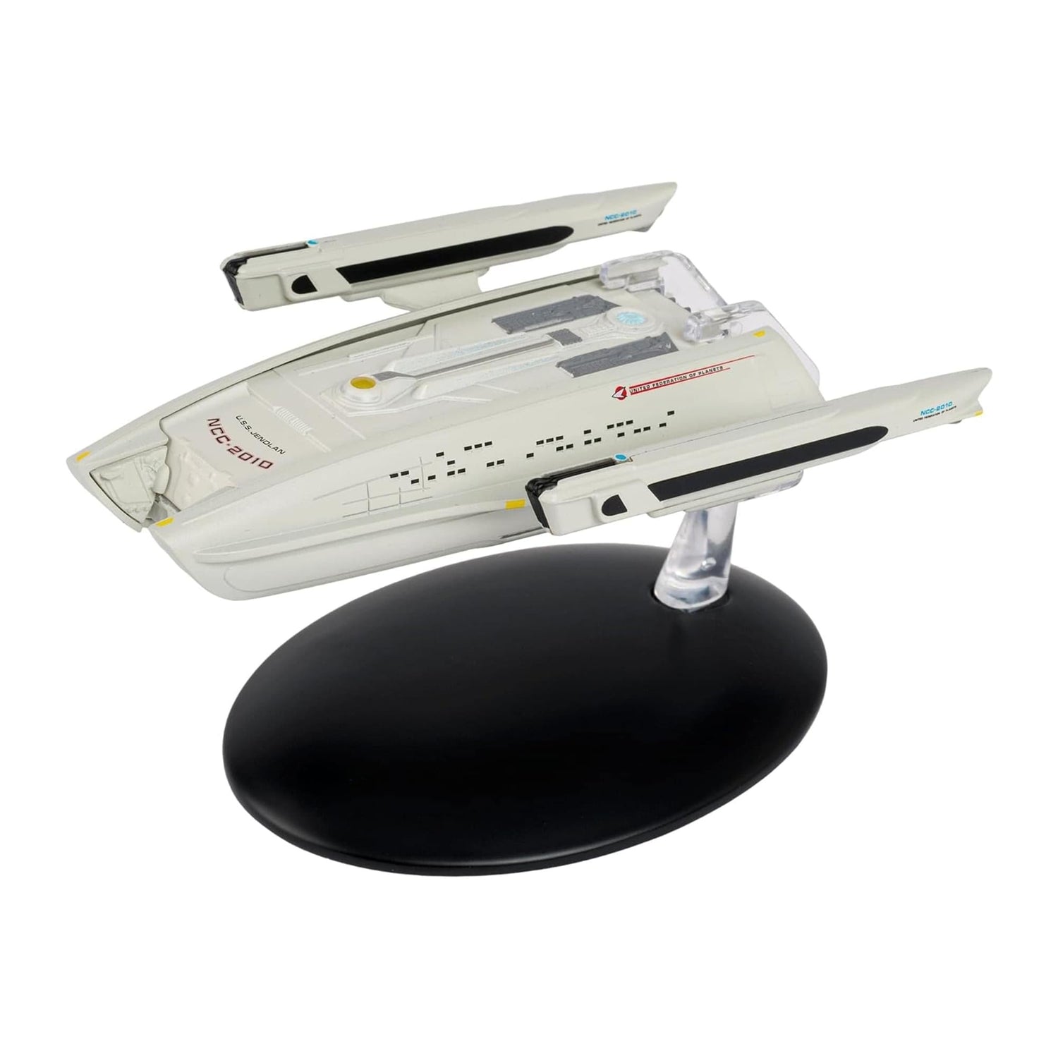 Star Trek U.S.S. Jenolen die-cast starship model shown from a front three-quarter angle against a starlight background