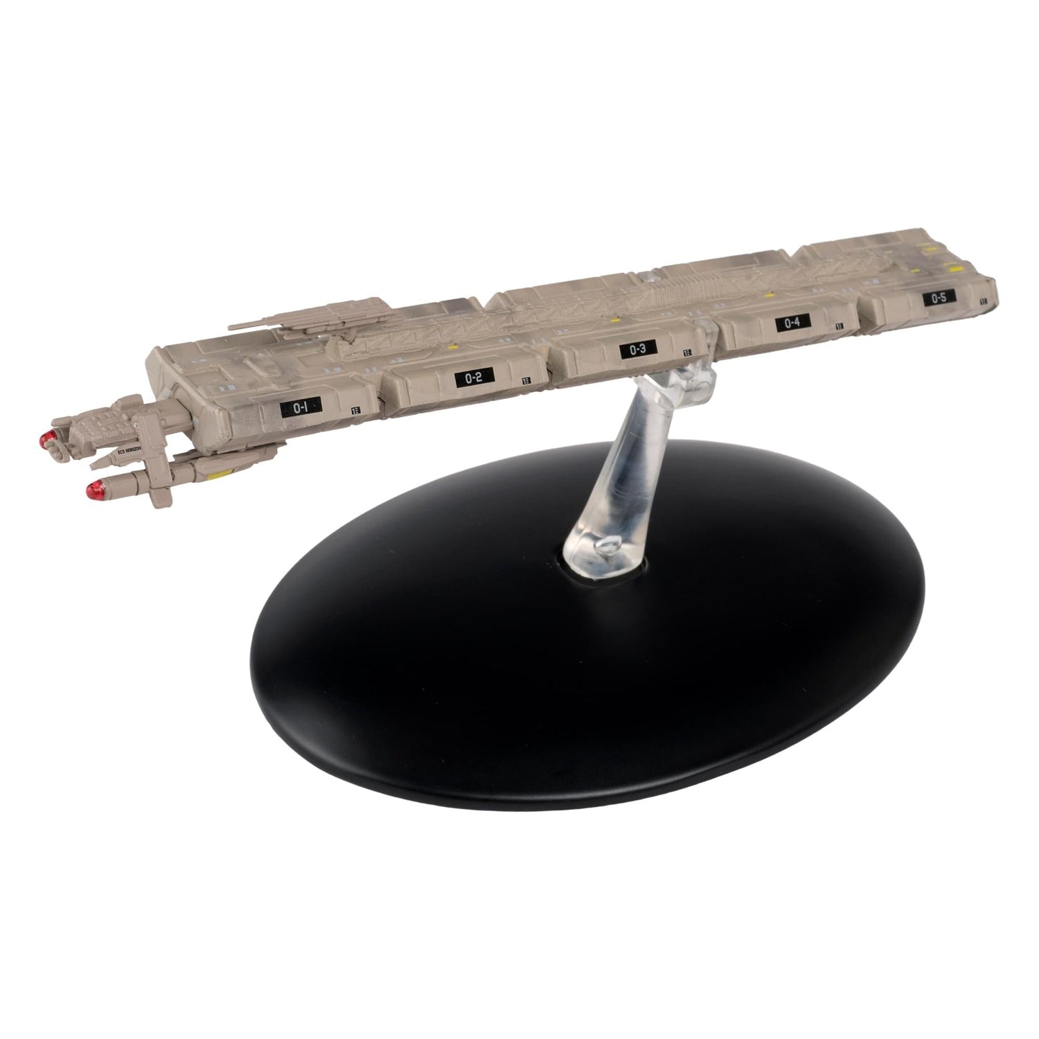 Profile view of the ECS Horizon J-class freighter model showing hull markings and warp nacelles