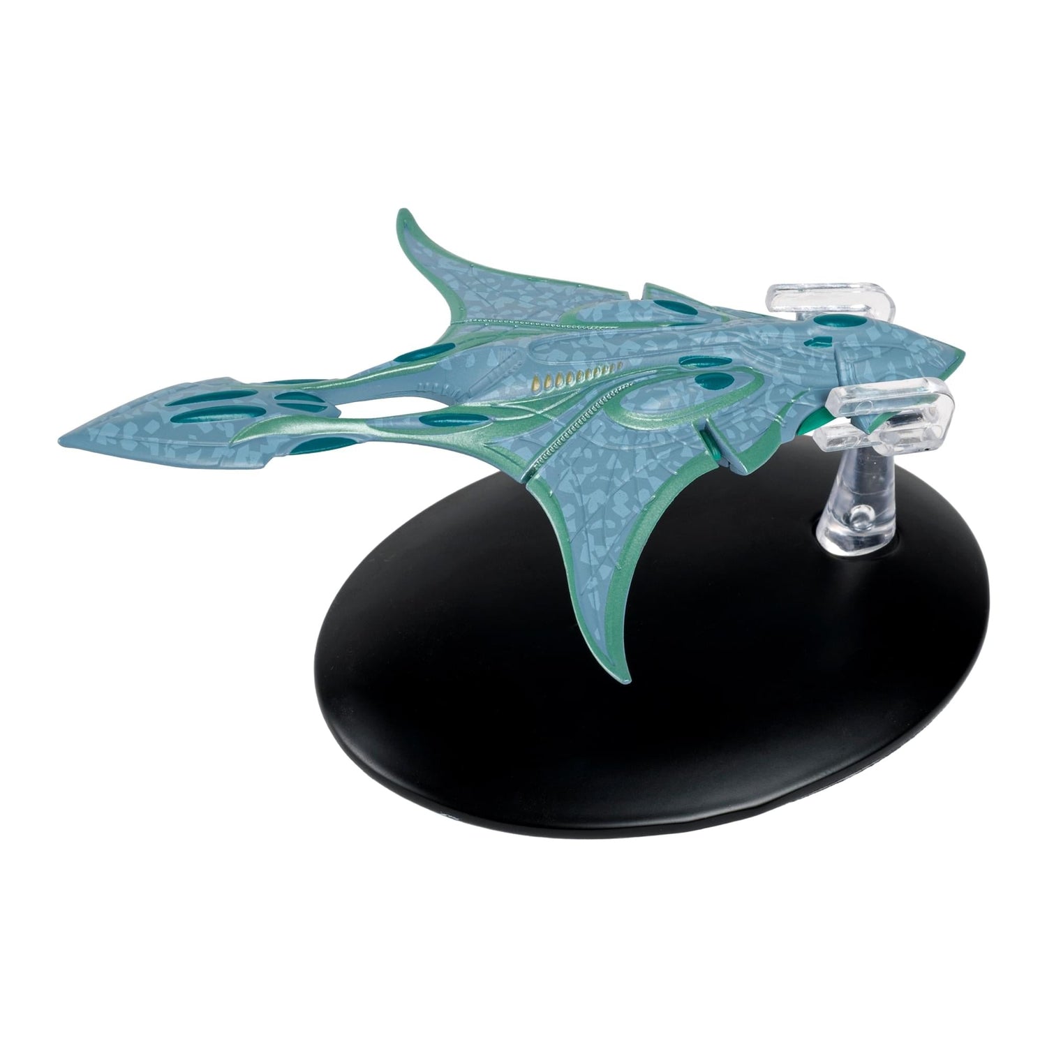 Profile side view of the Xindi-Aquatic Cruiser mounted on its official Star Trek collection base