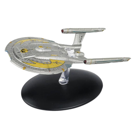Die-cast collectible model of the I.S.S. Enterprise NX-01 featuring Terran Empire markings against a dark background