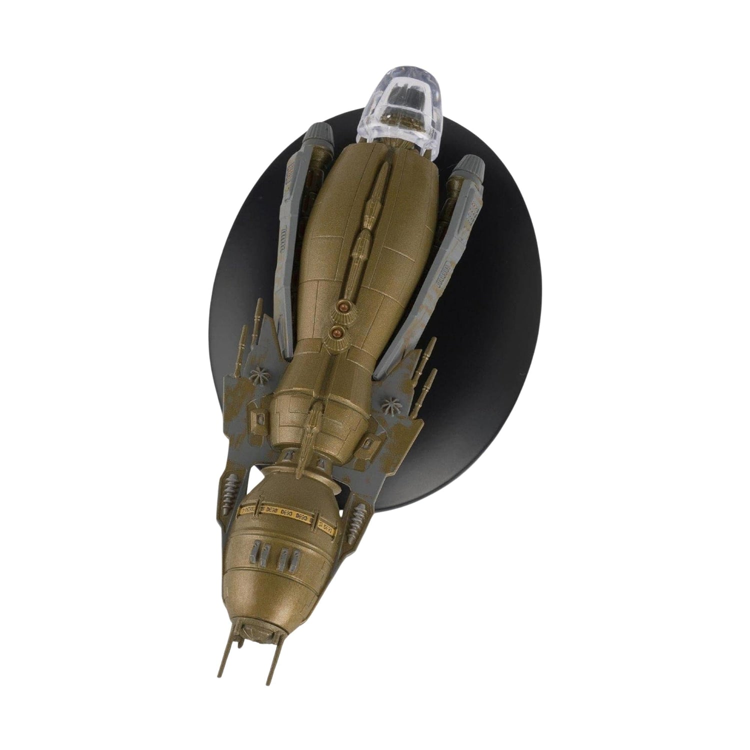 Port profile view of the die-cast Hirogen vessel showcasing its unique nomadic warship silhouette