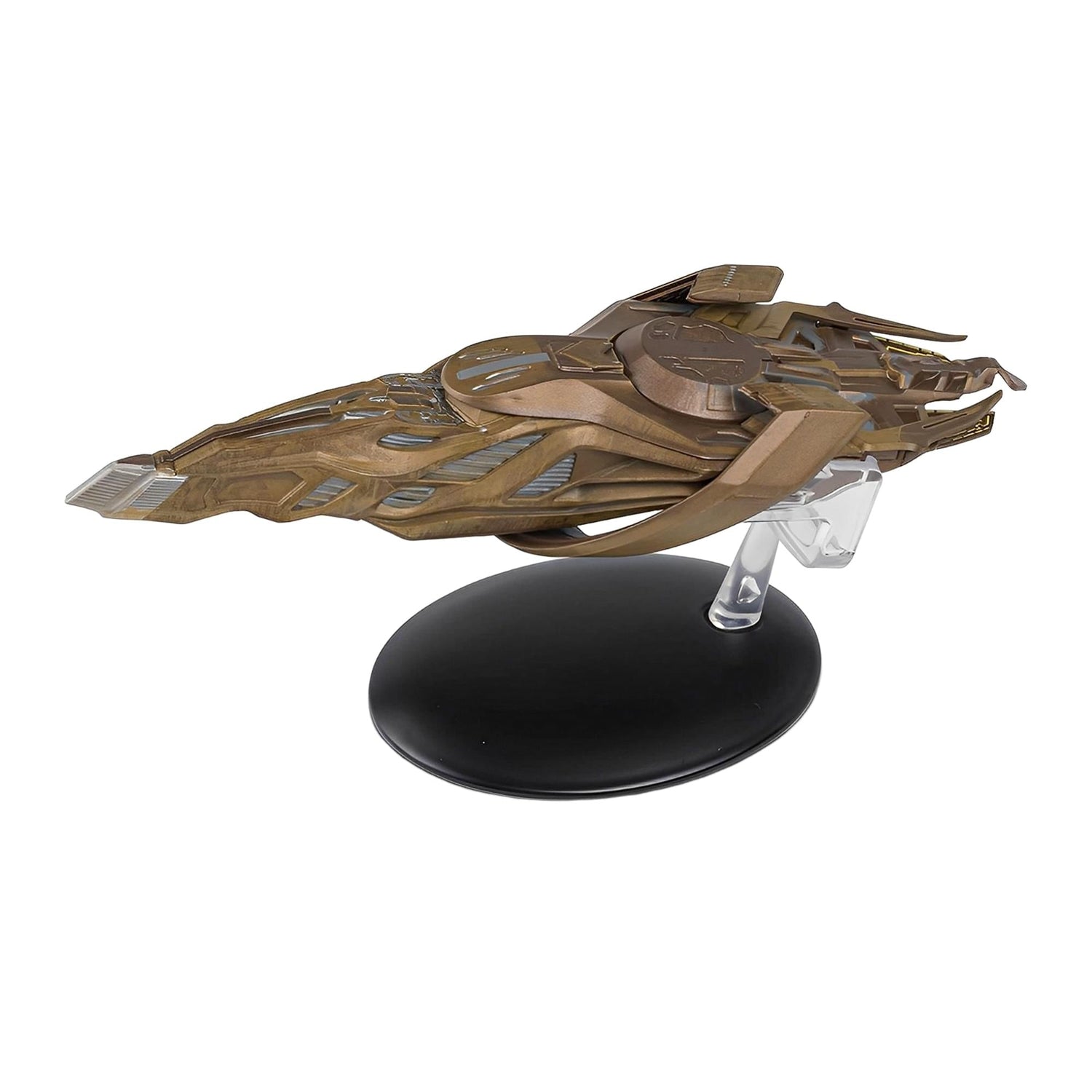 Profile side view of the die-cast model resting on its branded Star Trek display base