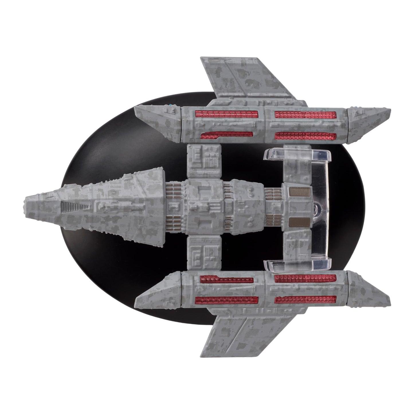 Angled view of the Star Trek ship replica mounted on its official display stand