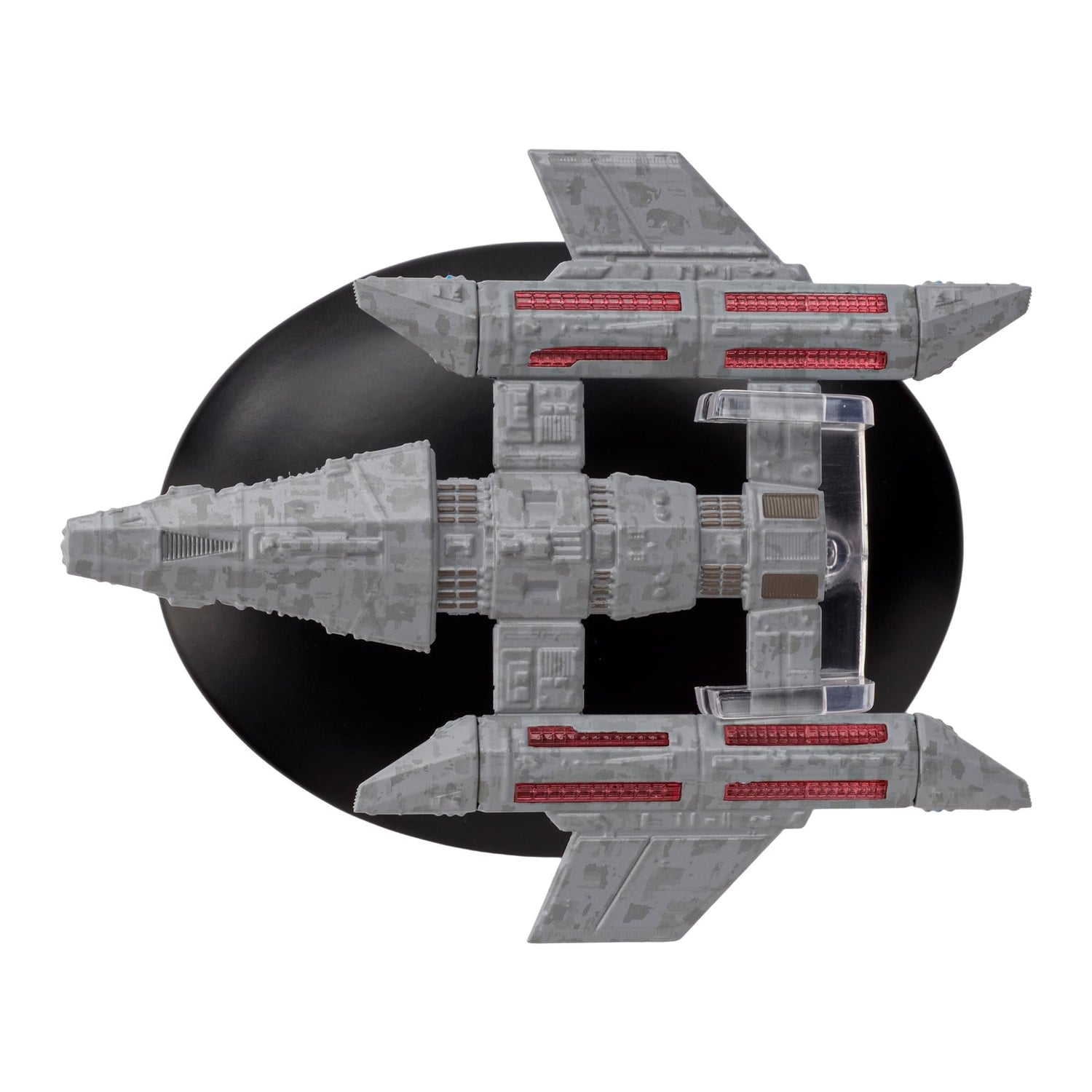 Angled view of the Star Trek ship replica mounted on its official display stand