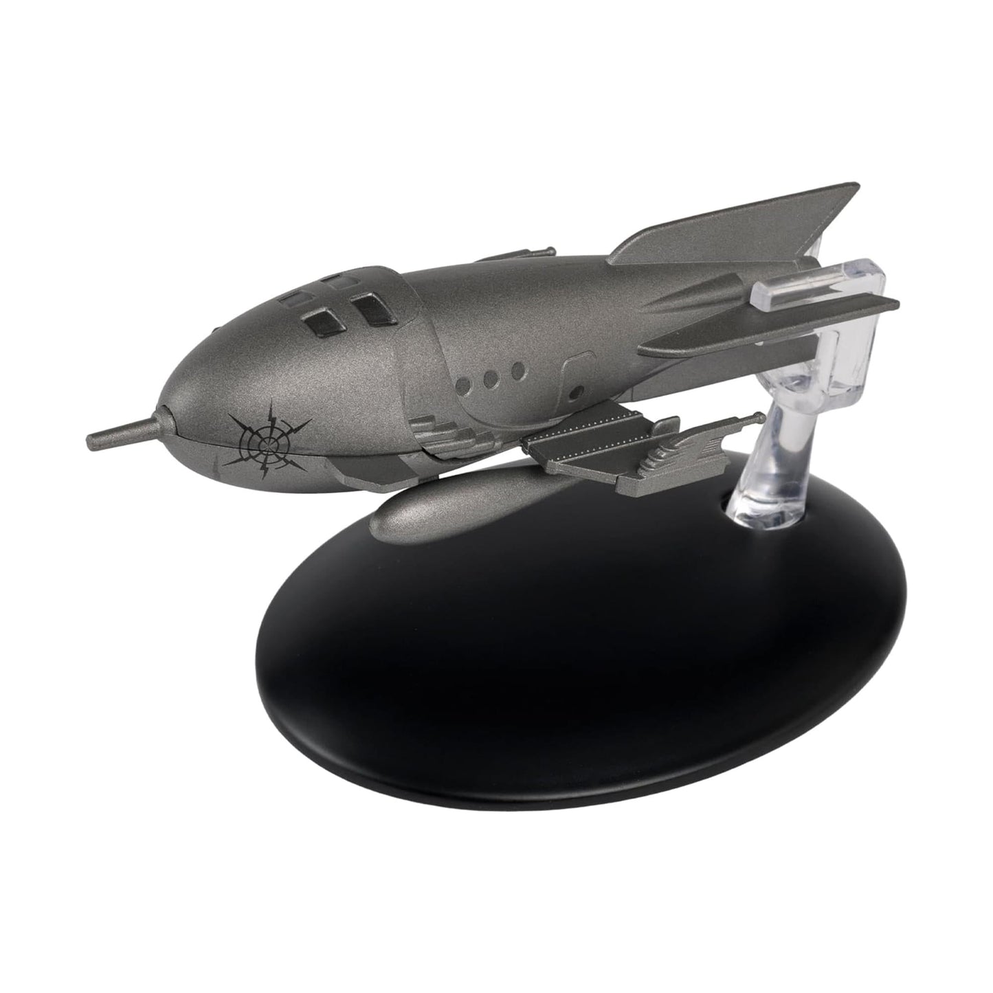 Eaglemoss Star Trek Captain Proton Rocket Ship model viewed from the front, showcasing its retro finned design