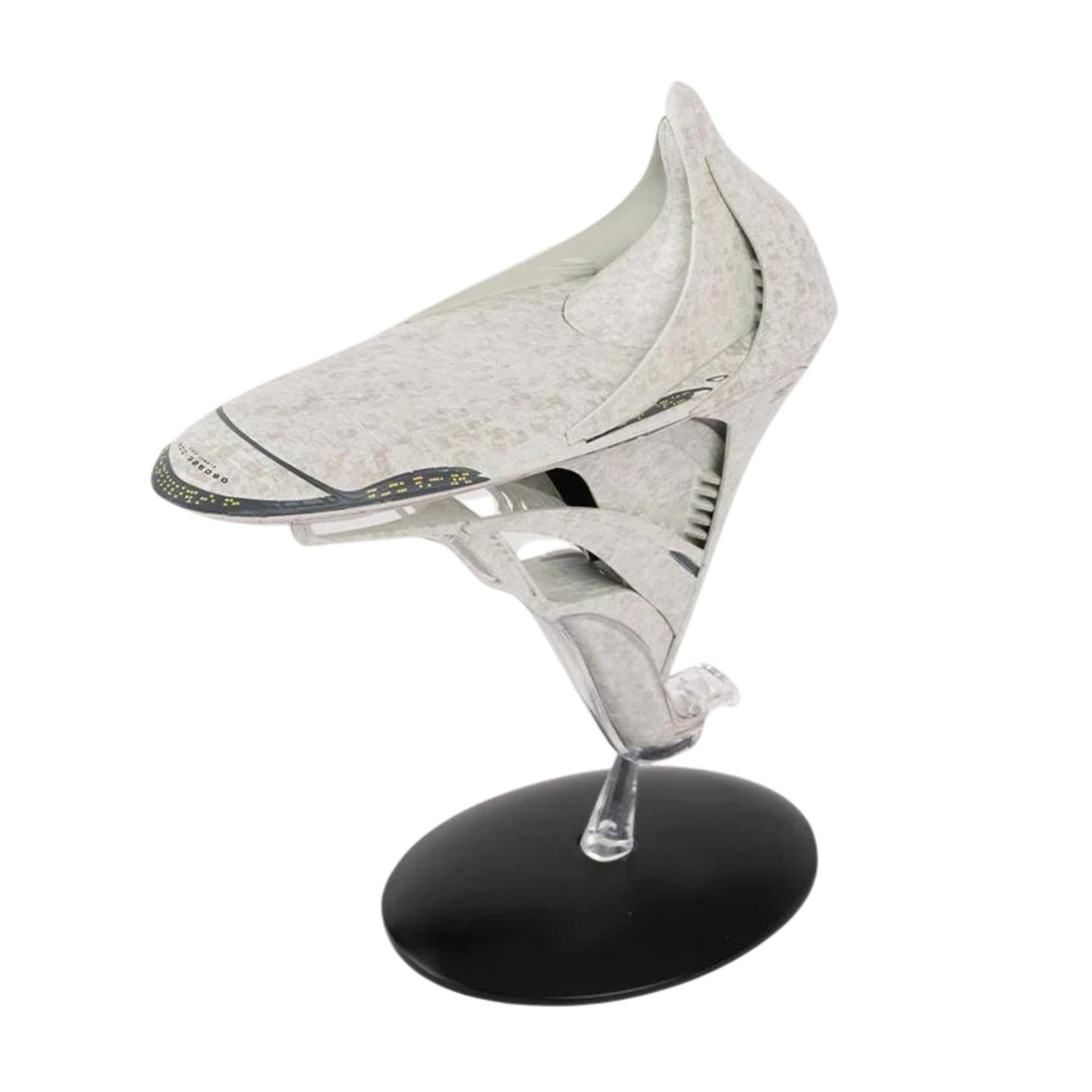 Front three-quarter view of the U.S.S. Jubayr starship replica, showing its sleek Starfleet hull design and registry markings