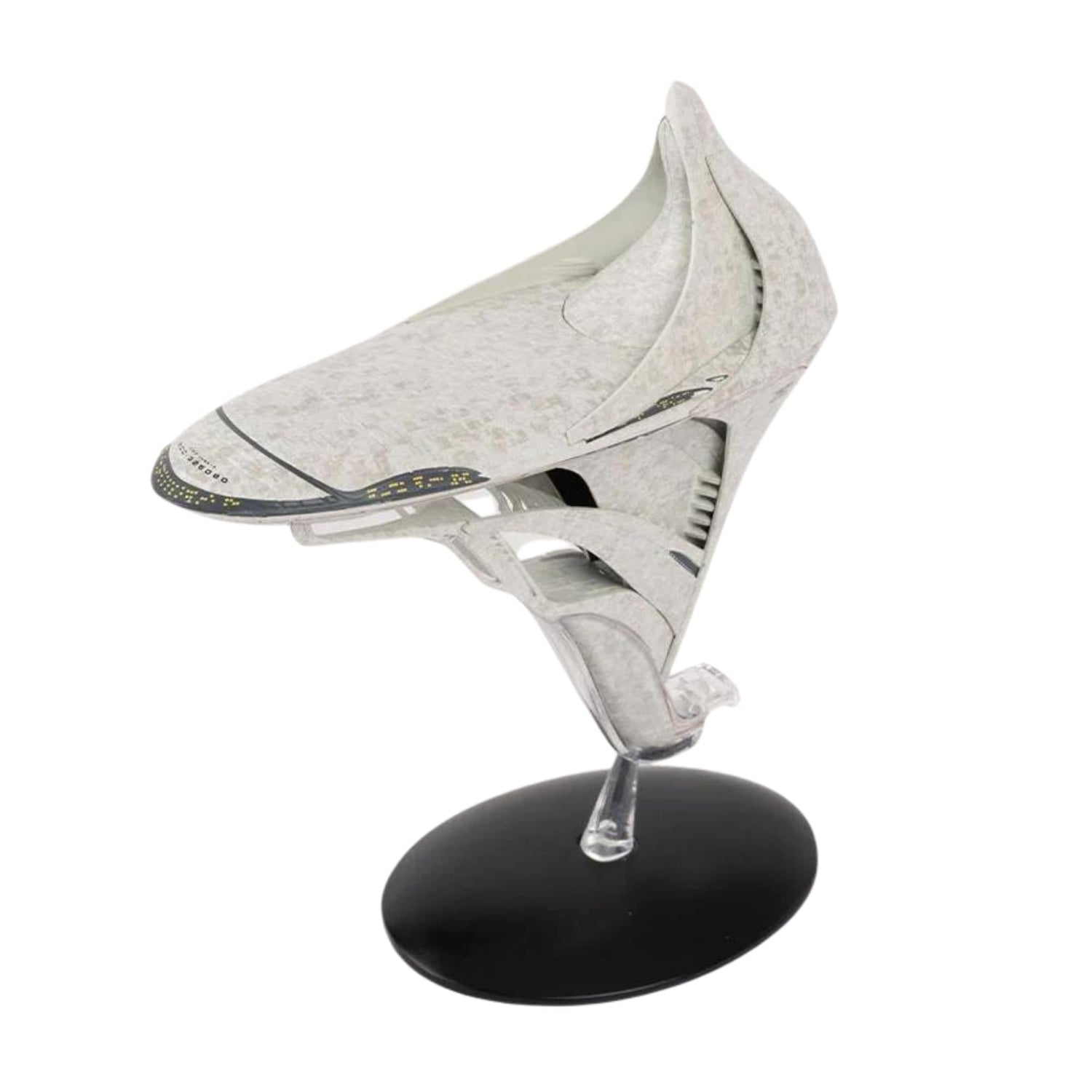 Front three-quarter view of the U.S.S. Jubayr starship replica, showing its sleek Starfleet hull design and registry markings