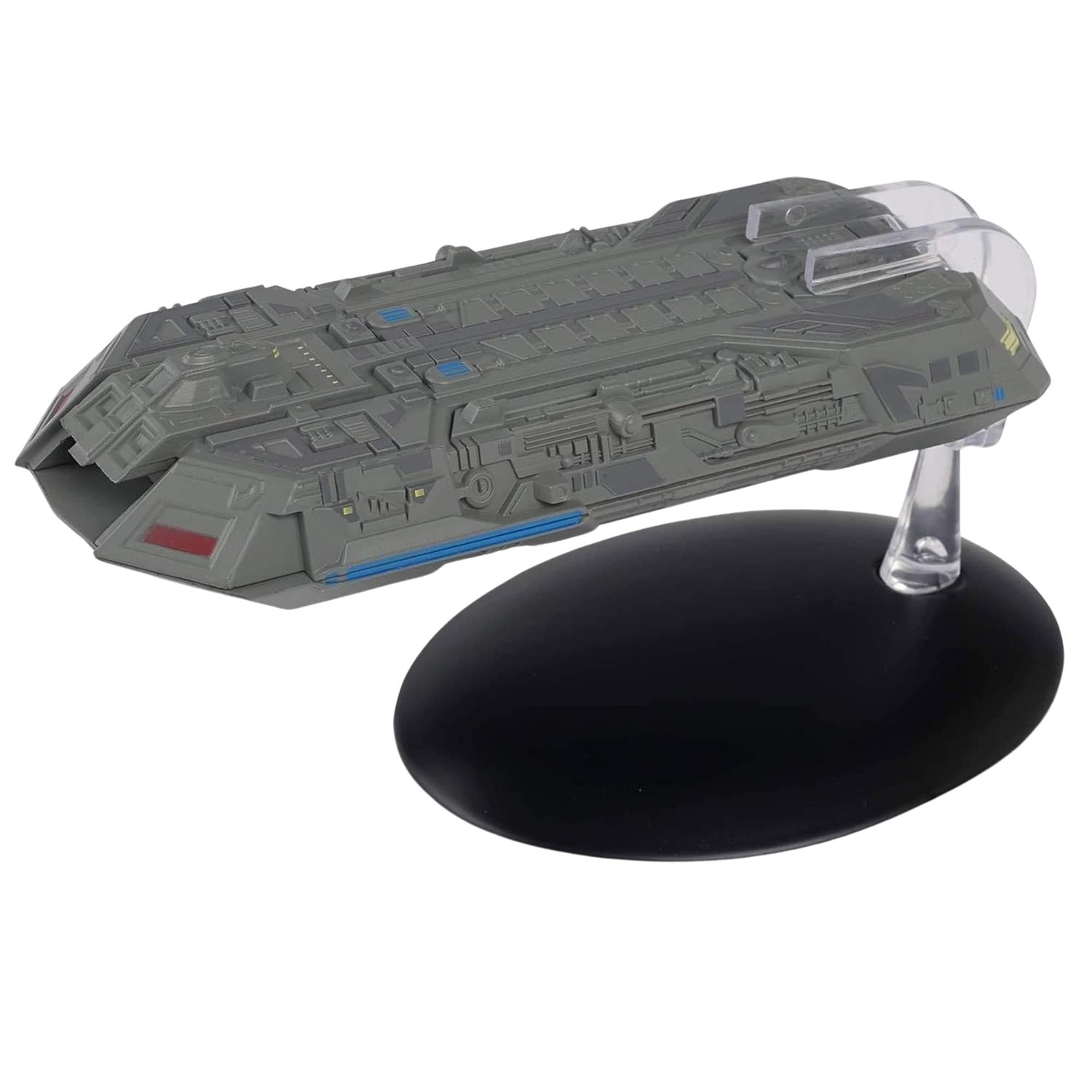 Die-cast Star Trek Federation Holoship model shown from a three-quarter front angle, highlighting its specialized hull geometry and hand-painted details.