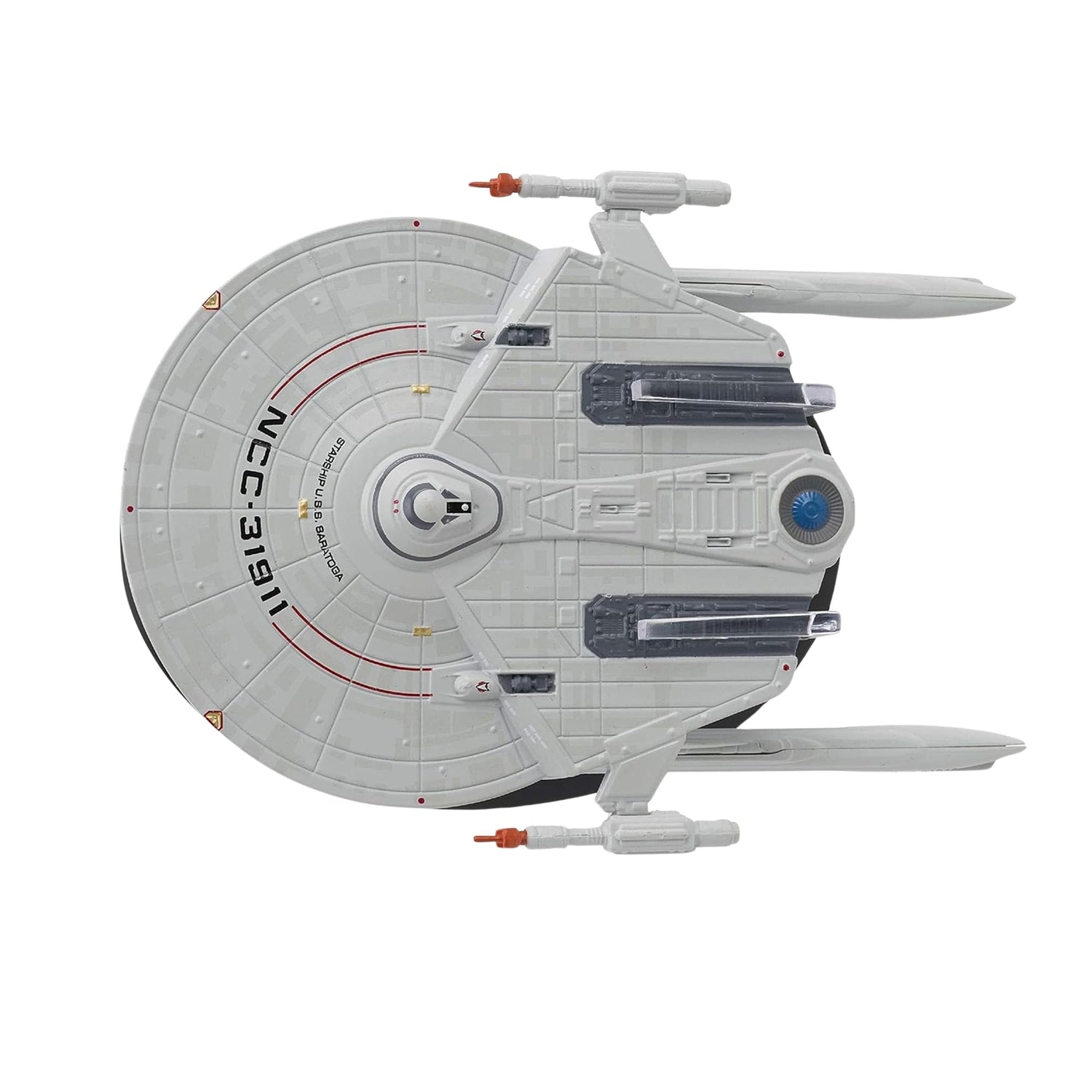 Packaged starship replica box featuring Star Trek branding and transparent viewing window