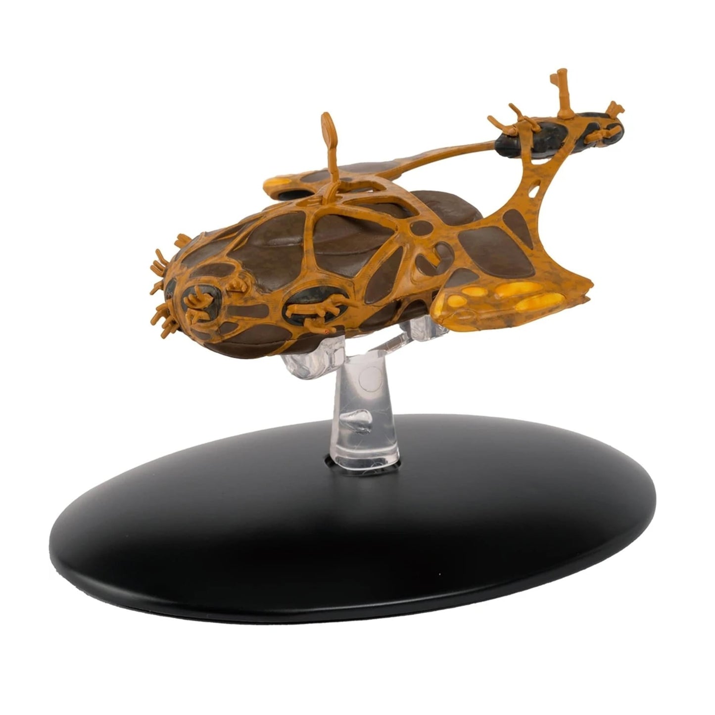 Three-quarter front angle view of the Star Trek Hierarchy Ship die-cast model, showcasing its unique alien hull geometry and hand-painted exterior paneling