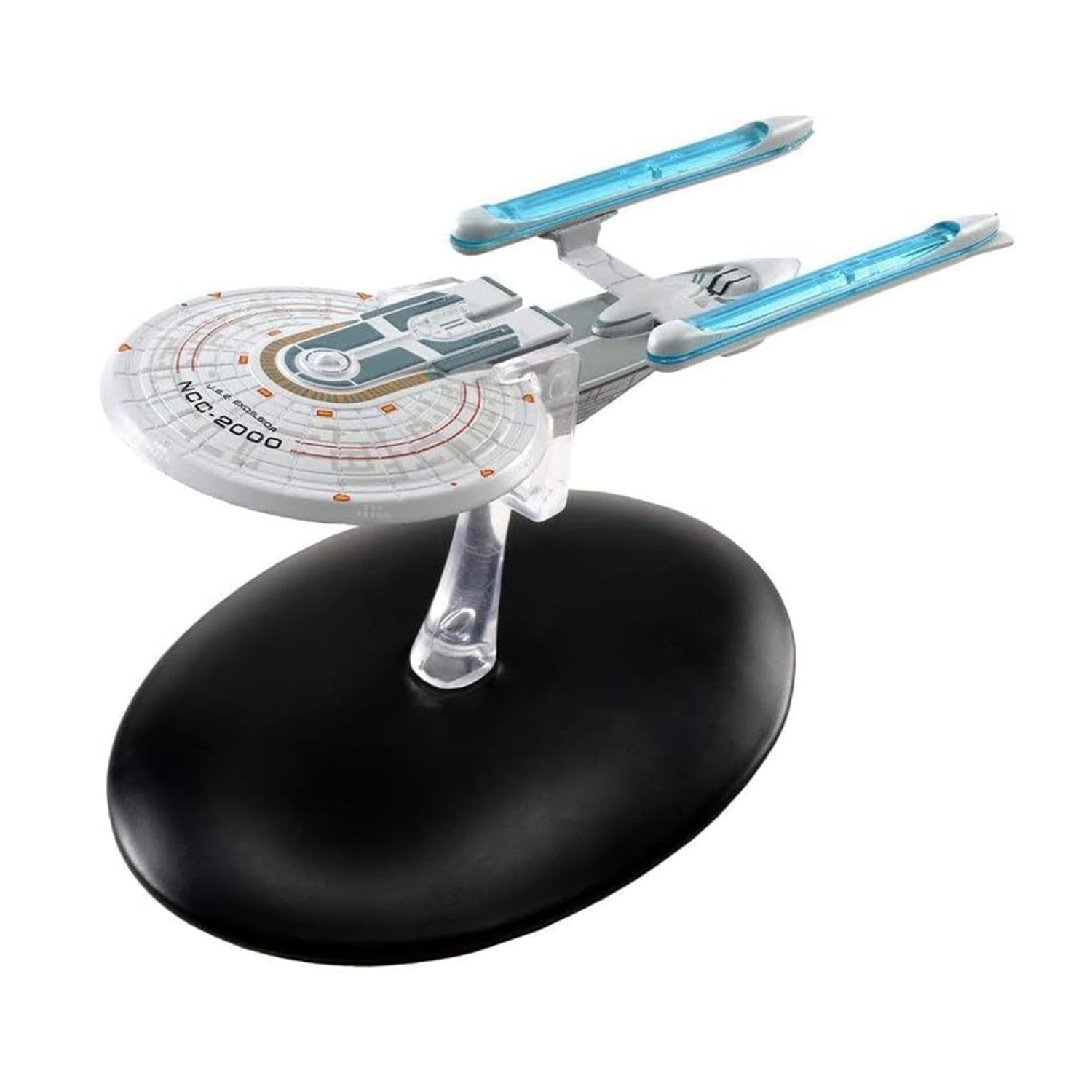 Angle shot of the U.S.S. Excelsior starship replica on a display stand against a neutral background