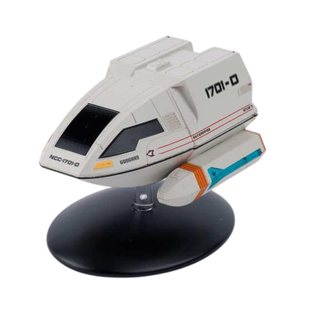 Front three-quarter view of the Star Trek Type 6 Shuttlecraft Goddard die-cast model, displaying its white hull and Starfleet registry markings.