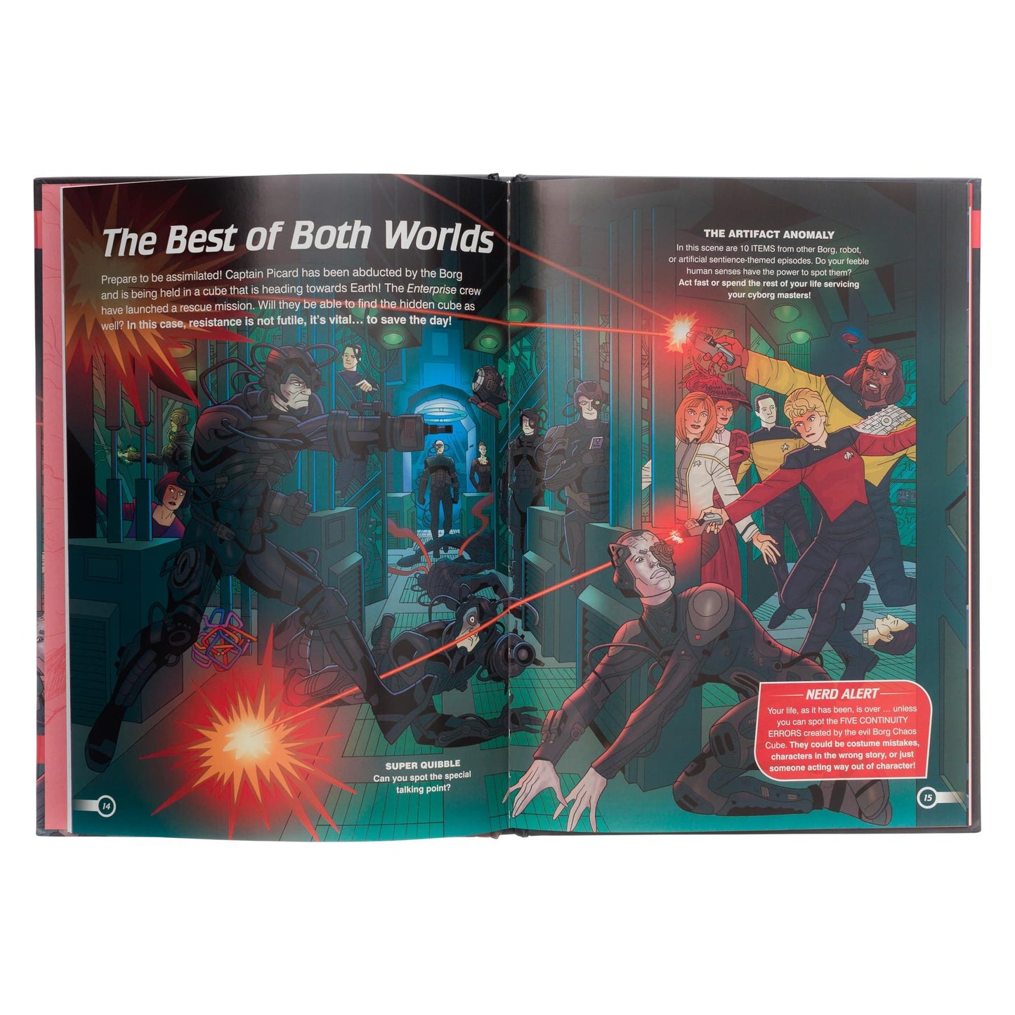 Interior page spread showcasing a detailed search-and-find illustration filled with iconic Star Trek characters and hidden anomalies