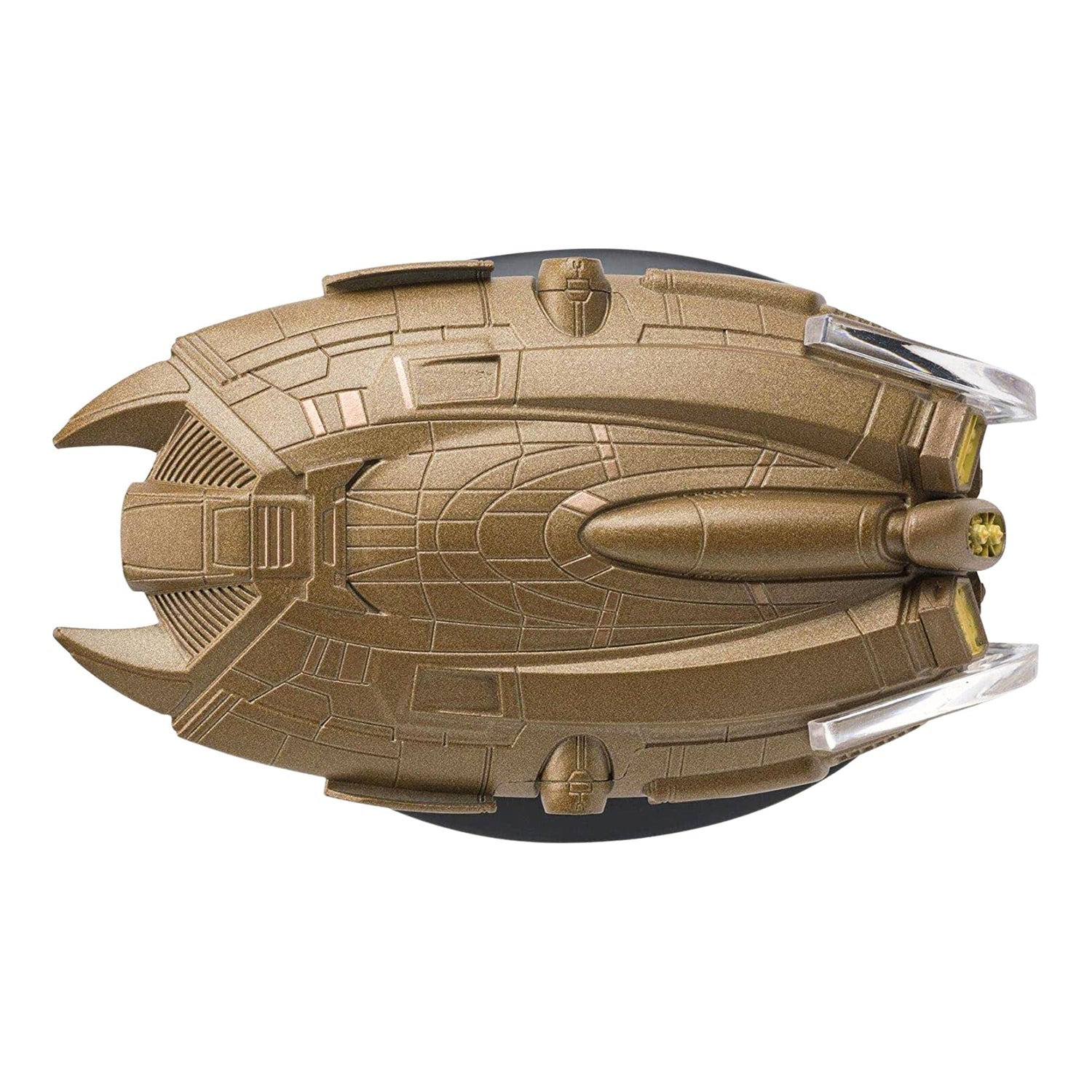 Close-up detail shot of the hand-painted hull textures and color accents on the Ferengi starship replica