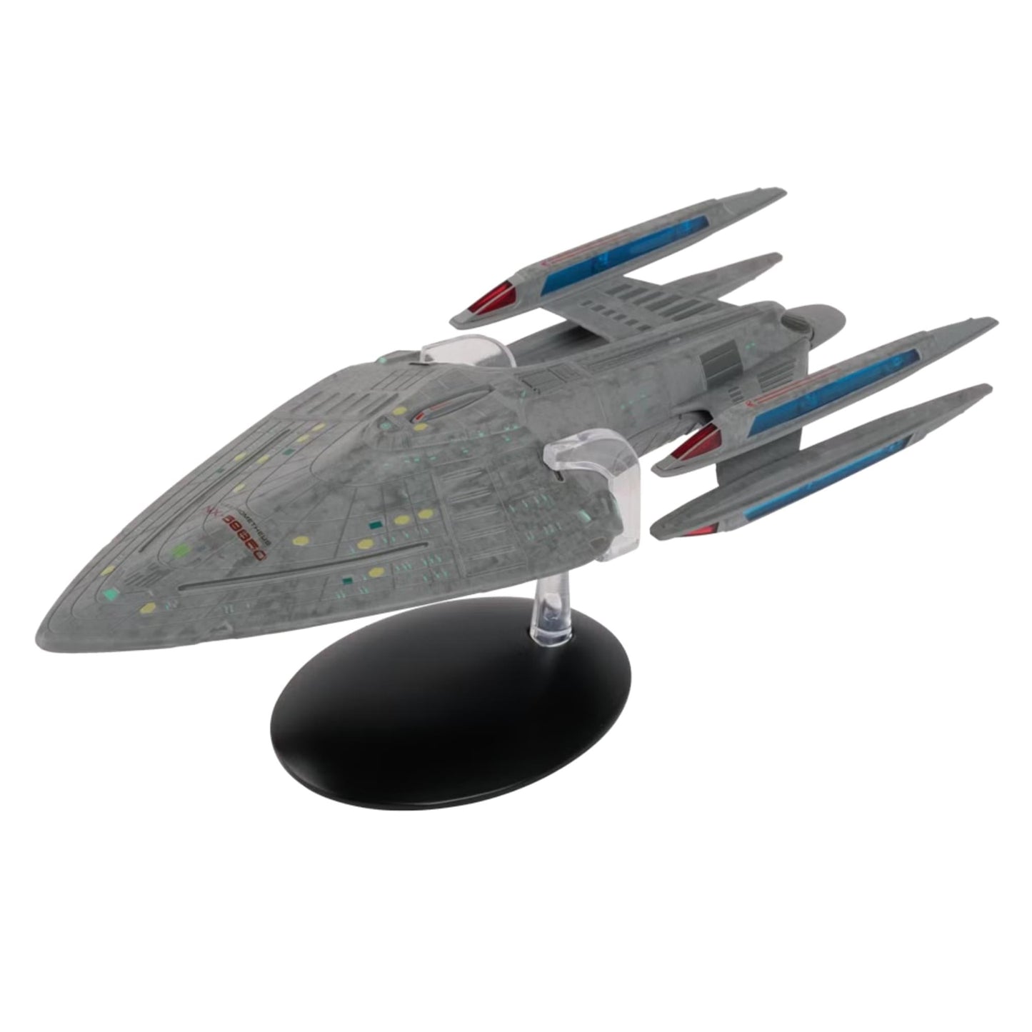 Front three-quarter view of the U.S.S. Prometheus XL starship replica showing its multi-nacelle design and detailed hull markings