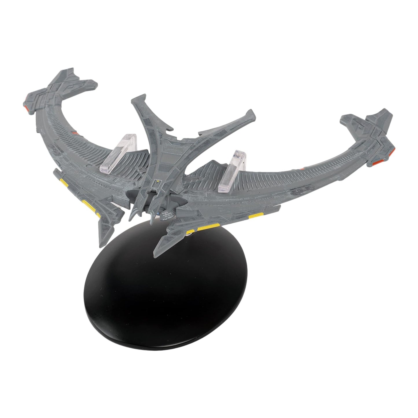 Angle shot of the Son'a Battleship mounted on its branded Star Trek display stand