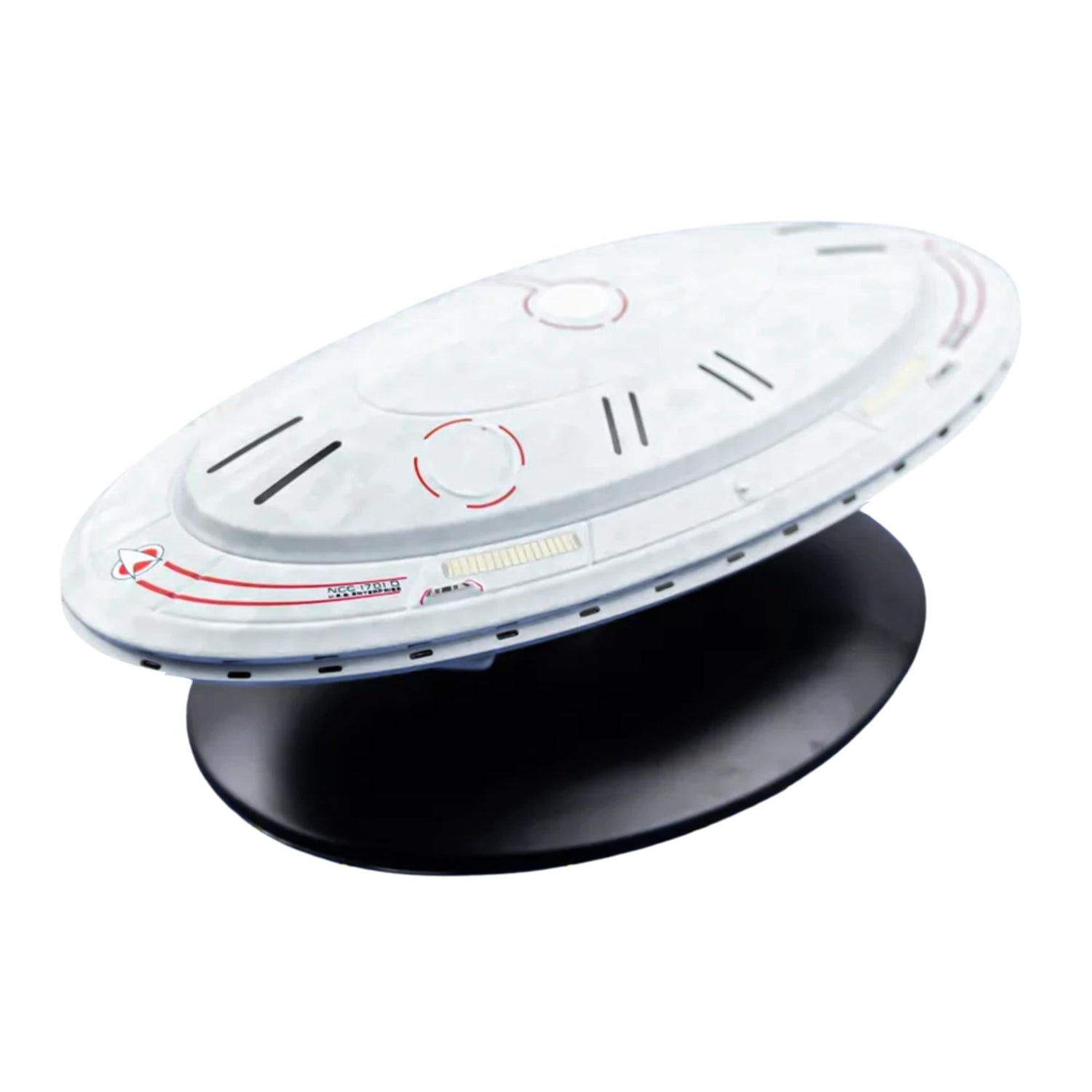 The model mounted on its included black display base with the official Star Trek branding plaque visible