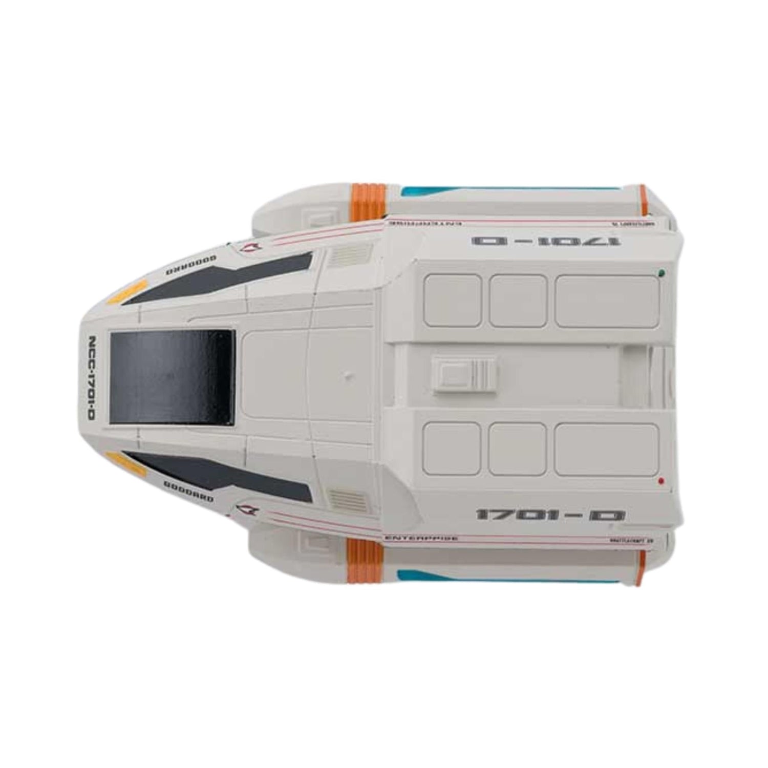 Rear view of the shuttlecraft collectible highlighting the impulse engine layout and registry text.
