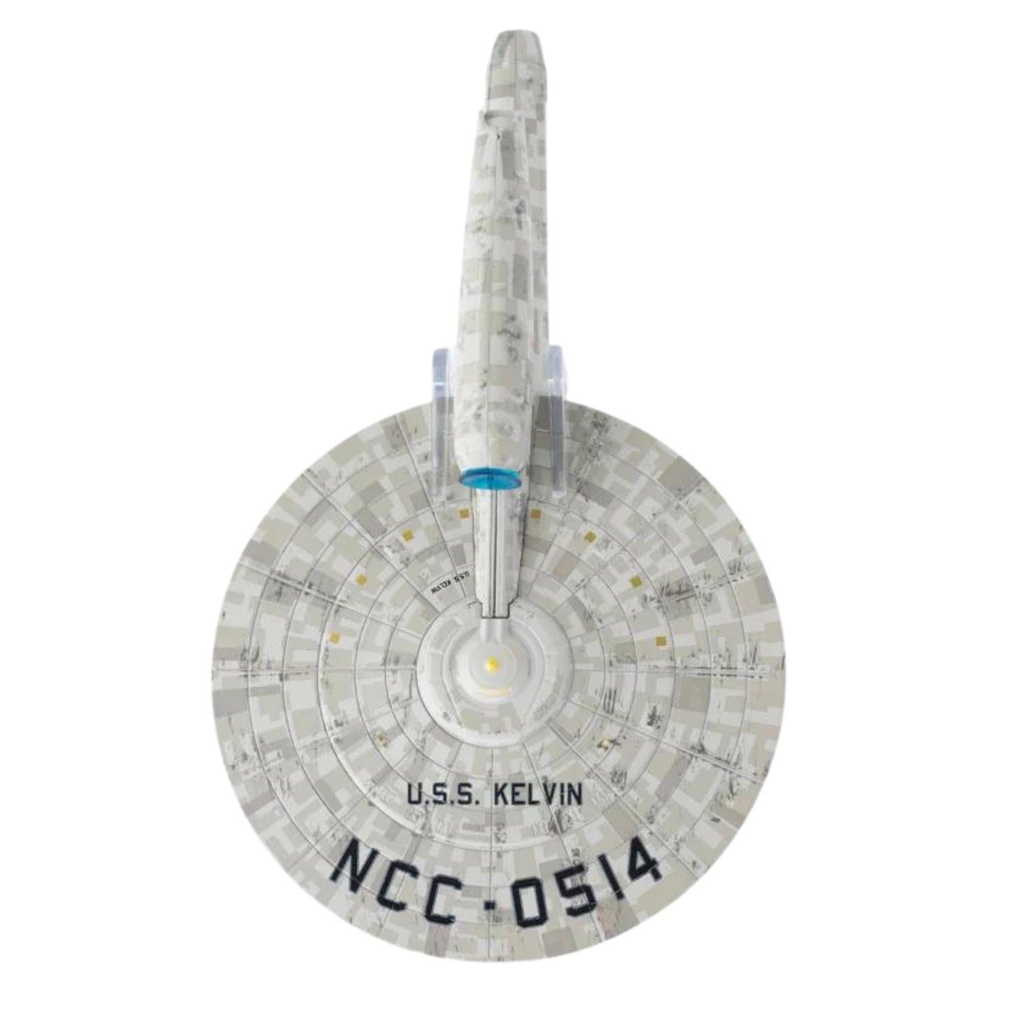 Rear view of the USS Kelvin replica displaying engine thrusters and detailed warp nacelle construction