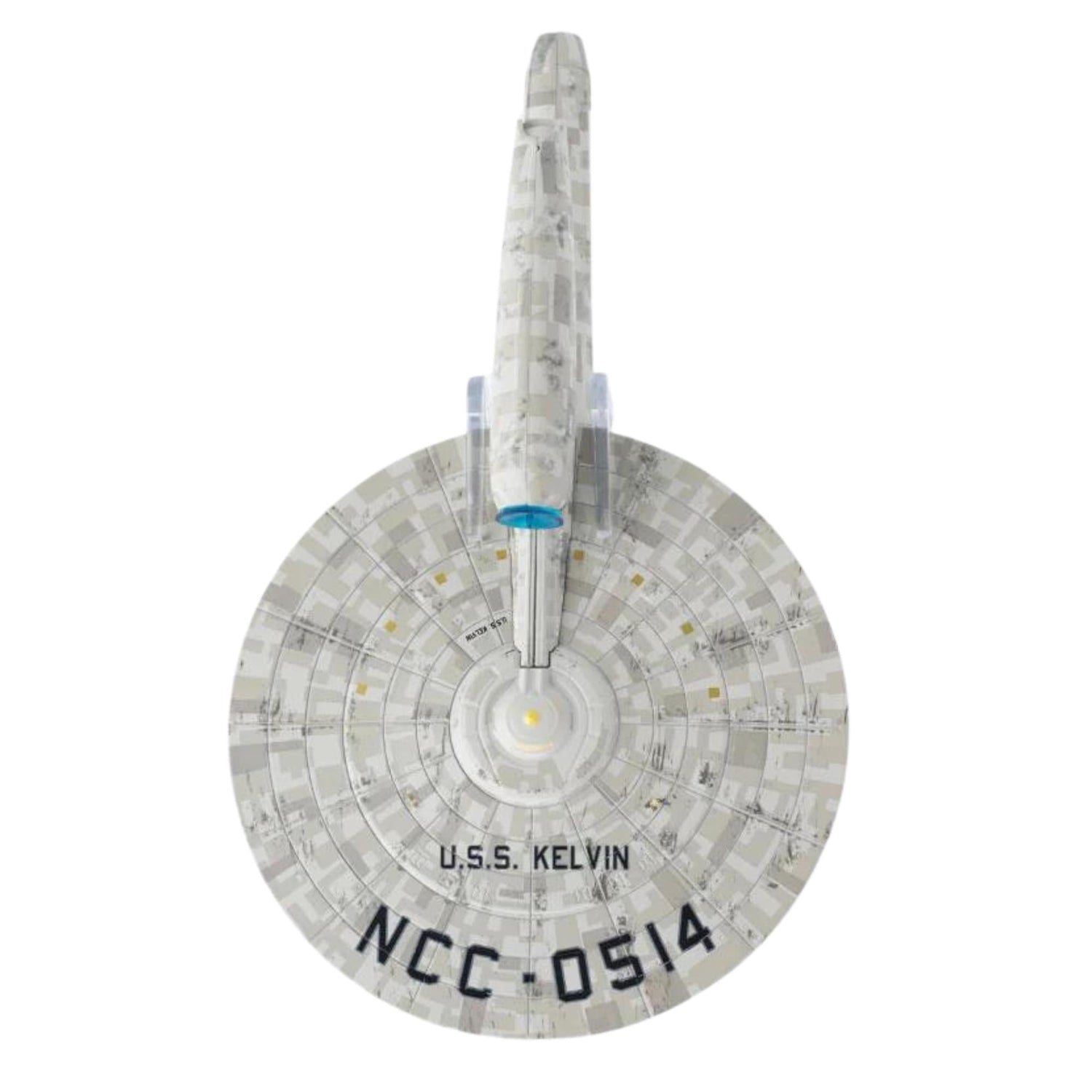 Rear view of the USS Kelvin replica displaying engine thrusters and detailed warp nacelle construction