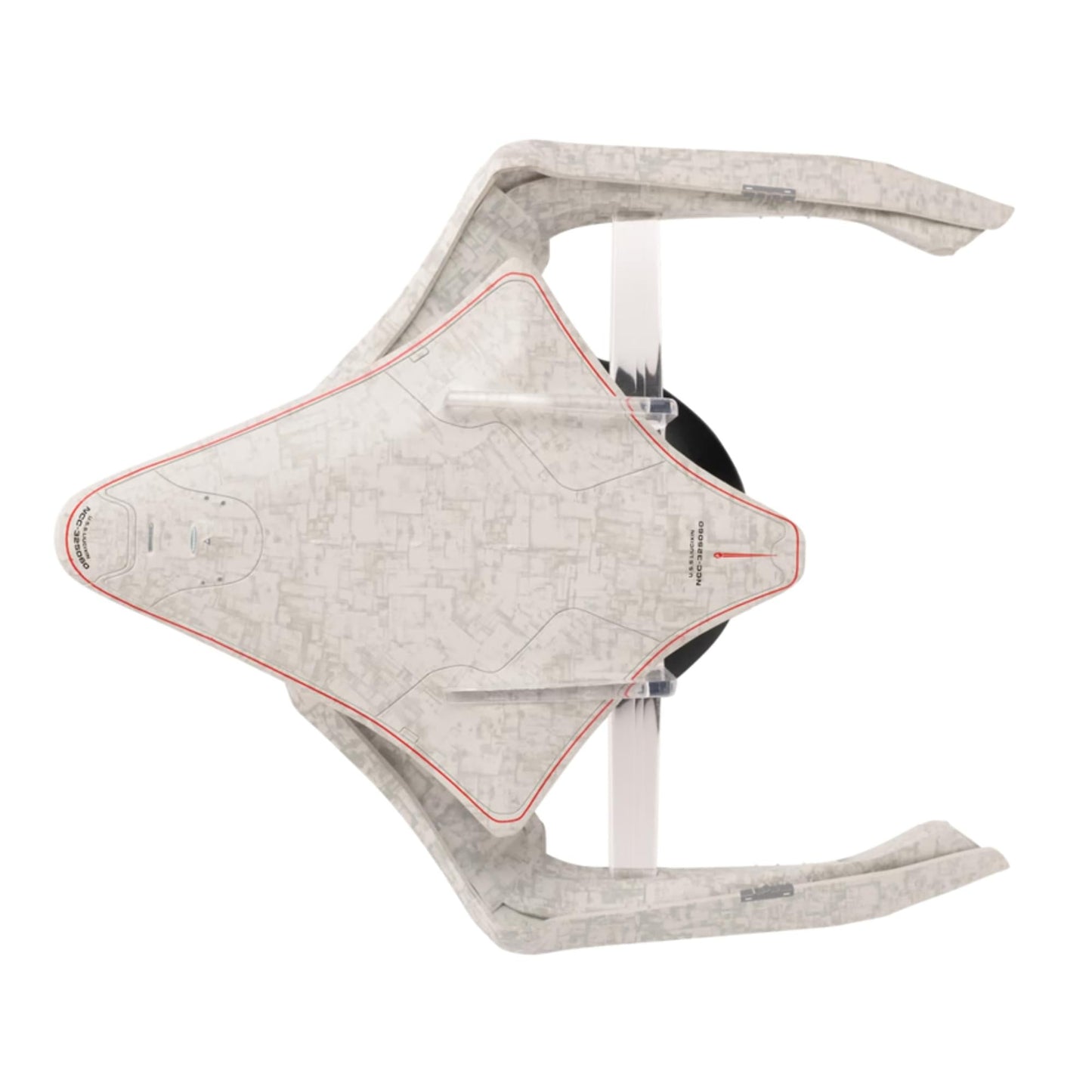 Ventral view of the U.S.S. Liu Cixin starship replica highlighting hull plating and registry details