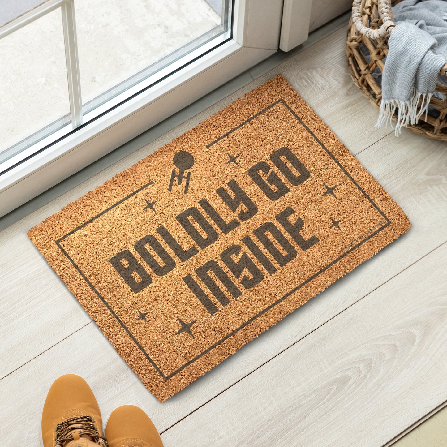 Close-up of the Star Trek Boldly Go Inside text and graphic detailing on the welcome mat