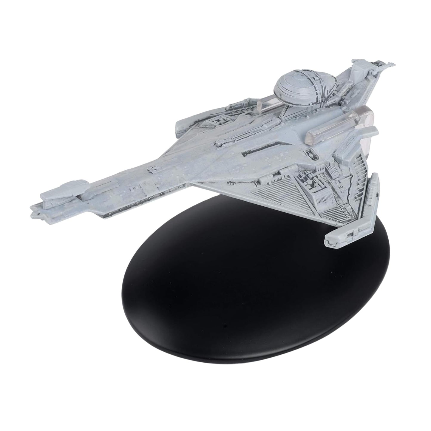 Three-quarter front view of the Promellian Battle Cruiser die-cast model, showing its distinct elongated hull and intricate surface paneling